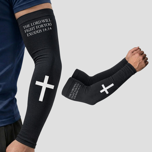 Introducing the ARMORAY Faith Series—a pair of black arm sleeves showcasing a bold white cross and the uplifting message “THE LORD WILL FIGHT FOR YOU EXODUS 14:14” on the upper section. Designed for comfort and performance, these moisture-wicking sleeves combine inspiring scripture with UPF 50+ sun protection, making them the perfect choice for all your outdoor activities.
