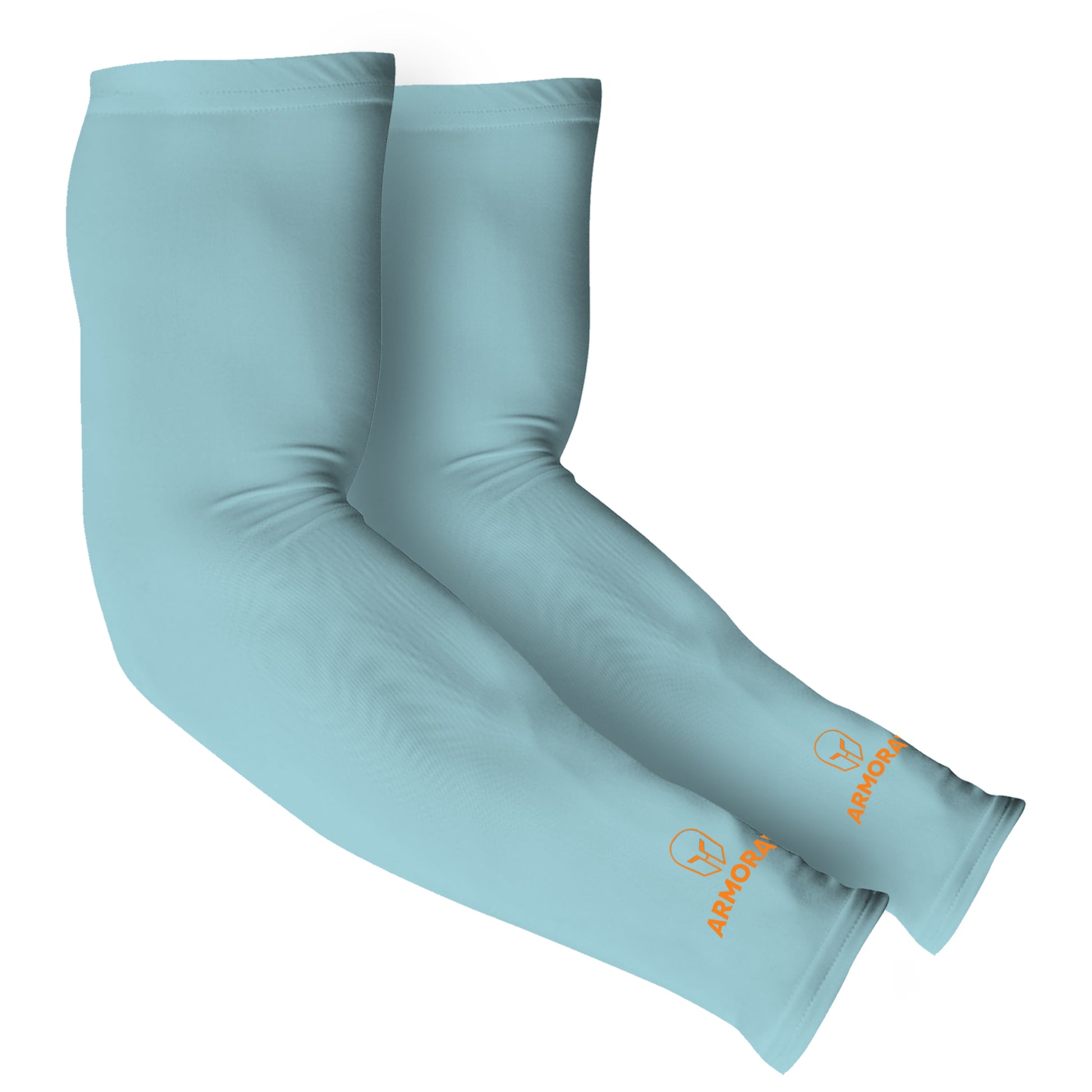 Armoray® Arm Sleeves by ARMORAY Basics in light blue feature an orange Armoray logo near the wrist, offering cooling comfort and dependable sun protection.