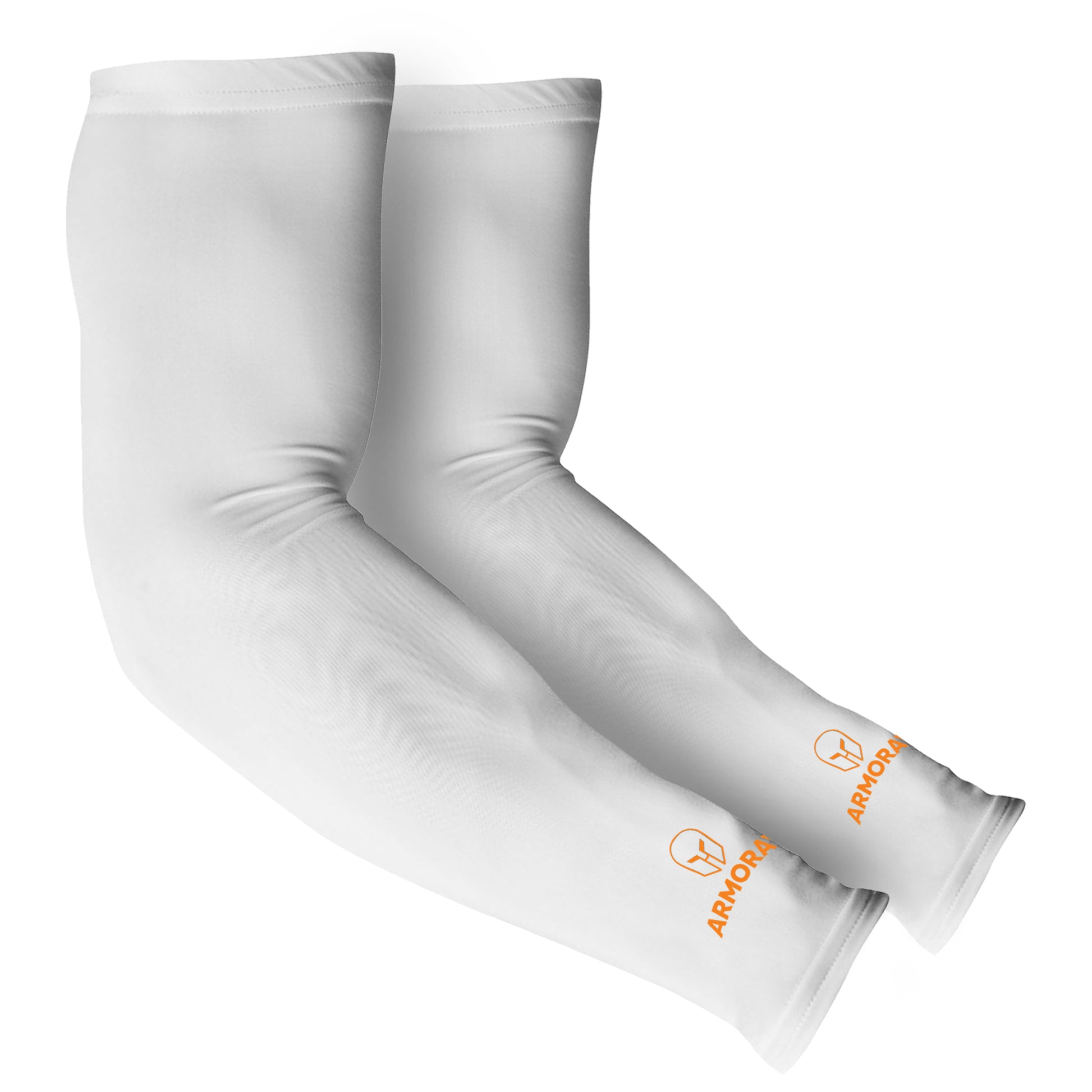 Armoray® Arm Sleeves by ARMORAY Basics: white cooling sleeves with an orange "ARMORAY" logo and helmet icon near the wrist, providing comfortable compression and sun protection.