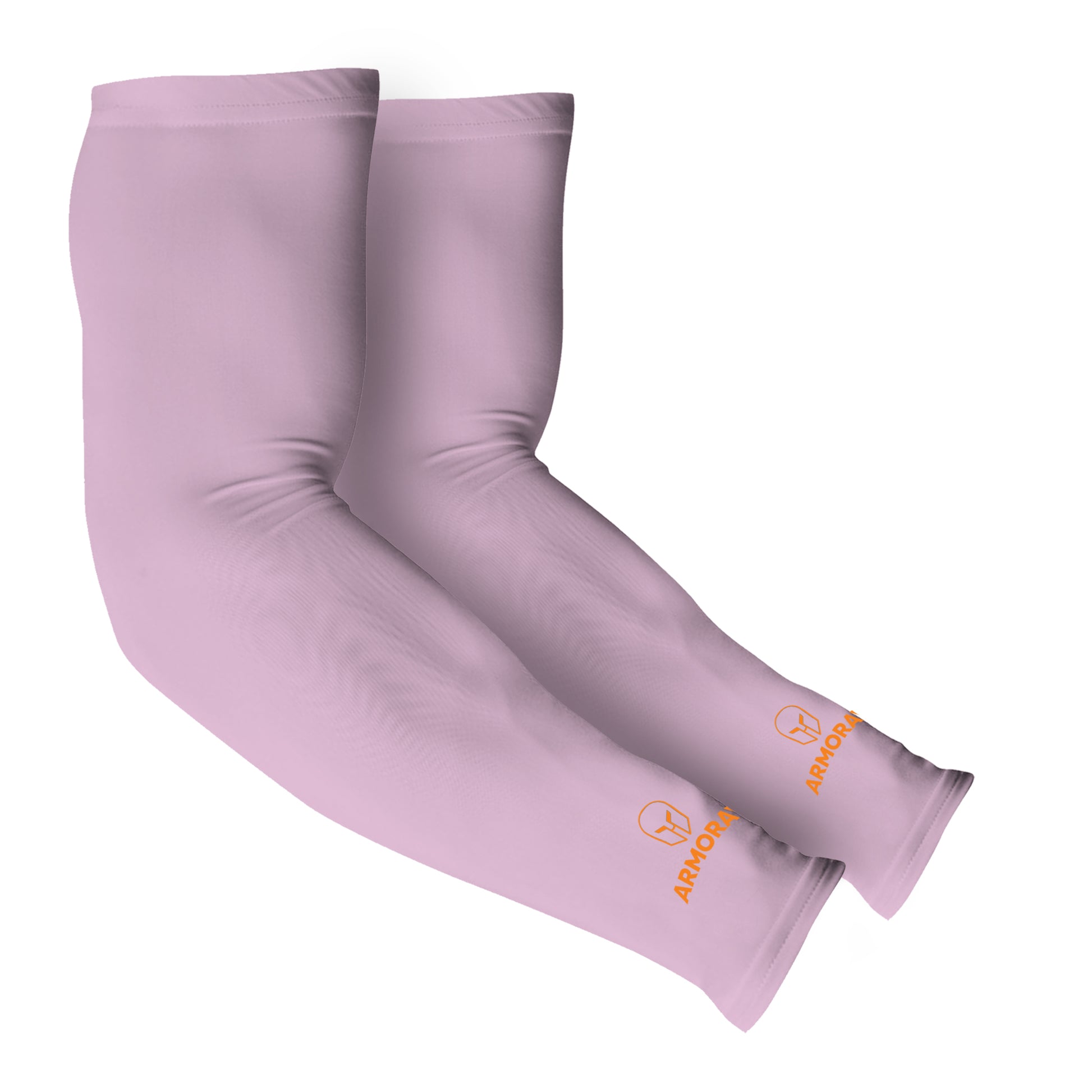 A pair of light pink Armoray® Arm Sleeves by ARMORAY Basics, featuring cooling fabric, small orange logos, and "ARMOR" text near the wrists for extra sun protection.