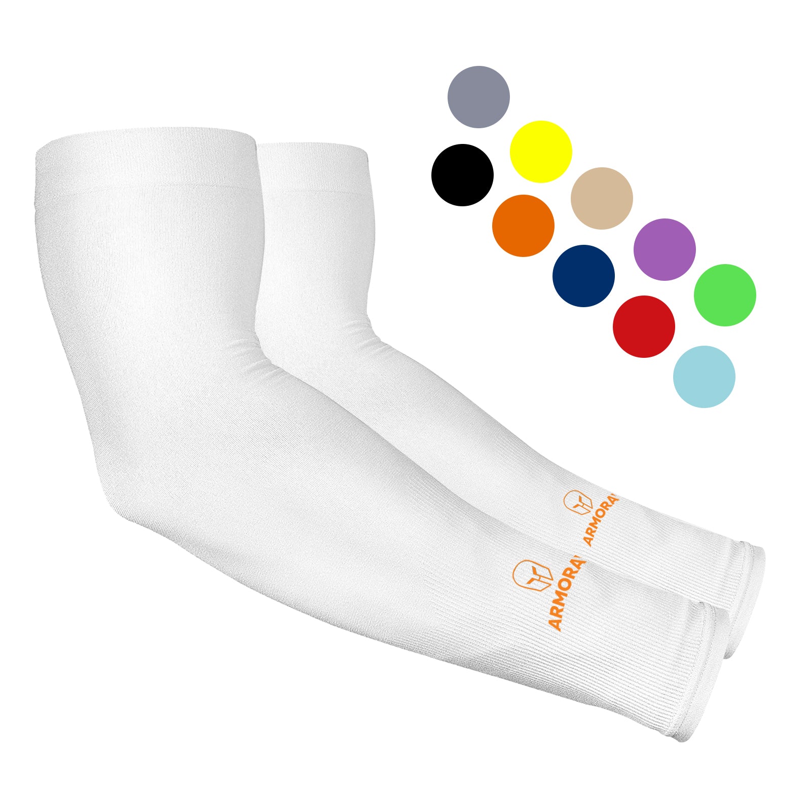 A pair of white Armoray® Arm Sleeves by ARMORAY Basics, featuring small orange logos, are shown with color swatches representing nine other options for versatile sun protection.
