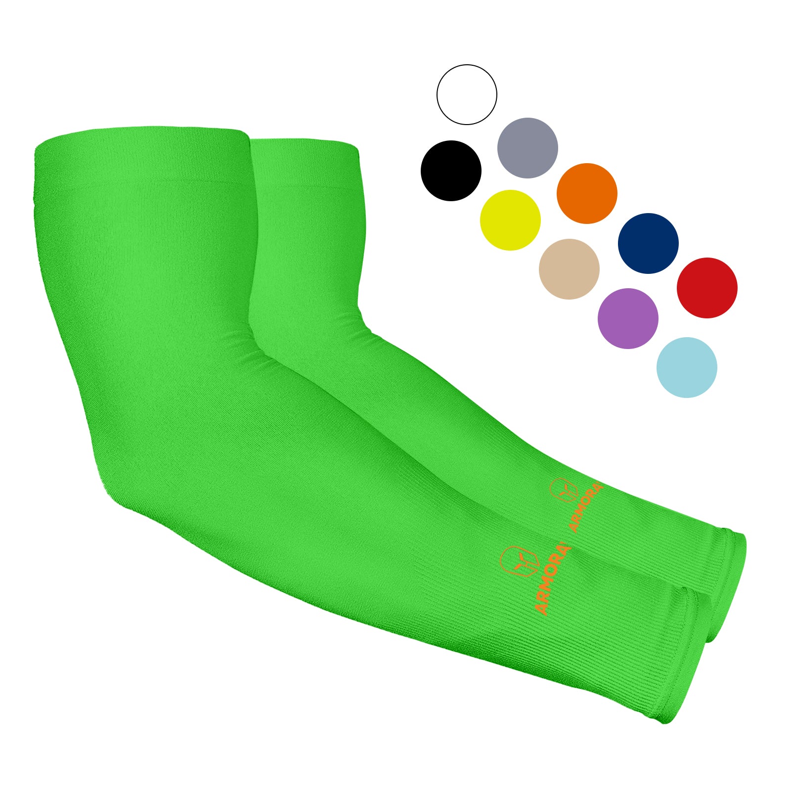 Armoray® Arm Sleeves by ARMORAY Basics shown in bright green with small logos, offering cooling sun protection. Displayed next to swatches of other available colors.