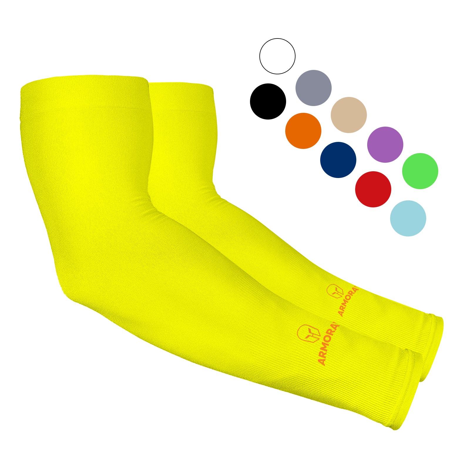 A pair of bright yellow Armoray® Arm Sleeves by ARMORAY Basics, with red logos, provide cooling comfort and sun protection. Also available in black, gray, beige, orange, blue, purple, green, red, and light blue.