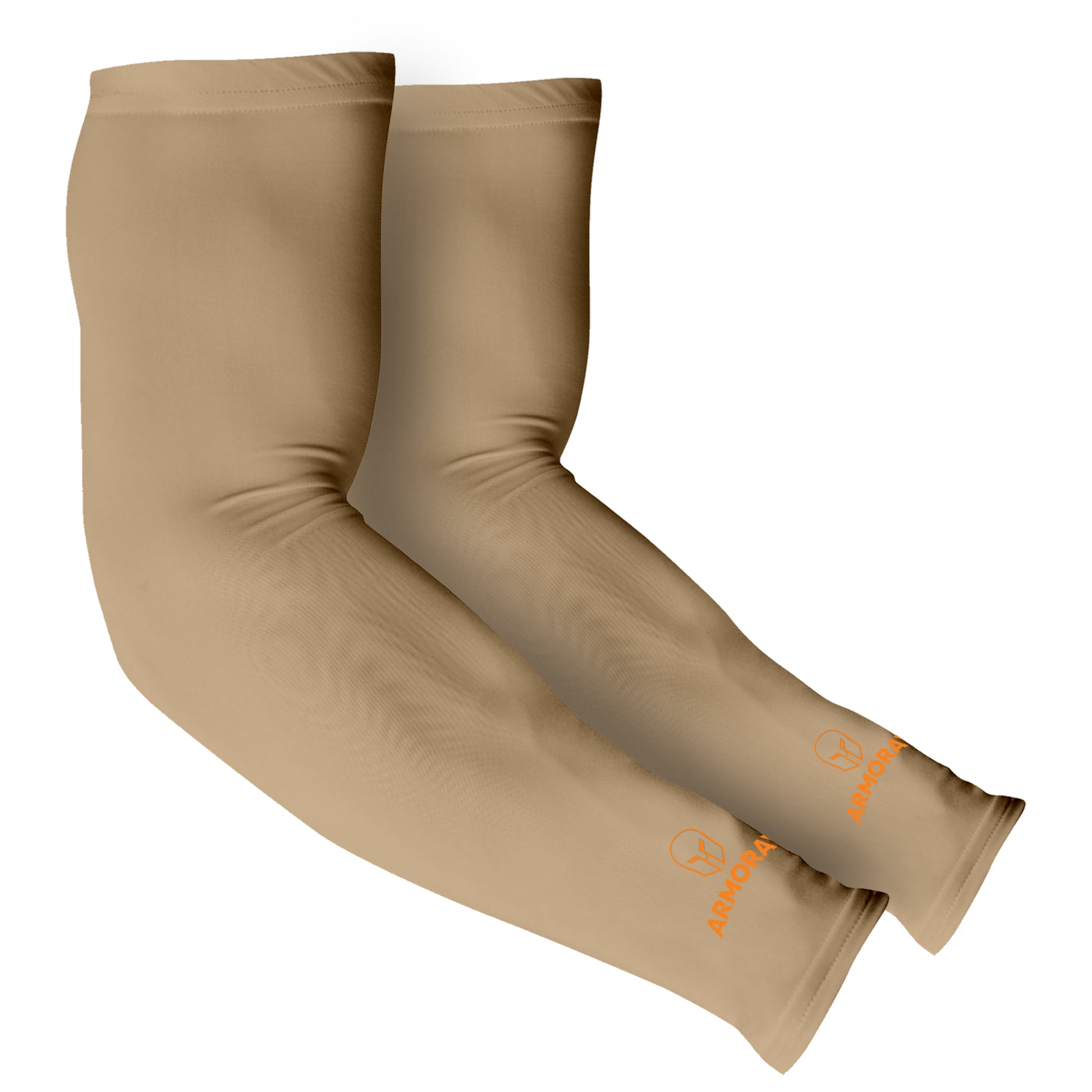 A pair of beige Armoray® Arm Sleeves by ARMORAY Basics, featuring orange logos near the wrist, designed for sun protection and cooling, displayed on a white background.