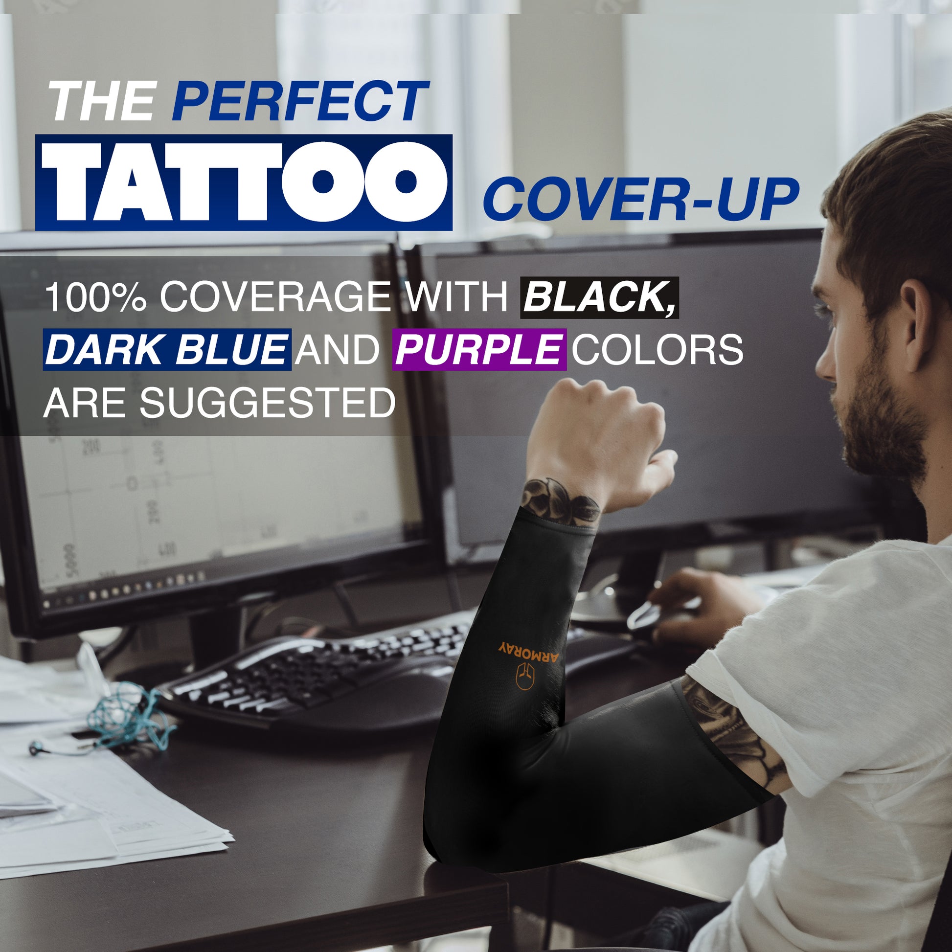 A person works at a desk on a computer, wearing ARMORAY Basics Armoray® Arm Sleeves for tattoo cover-up on their right arm. These sleeves offer sun protection and are available in black, dark blue, and purple.