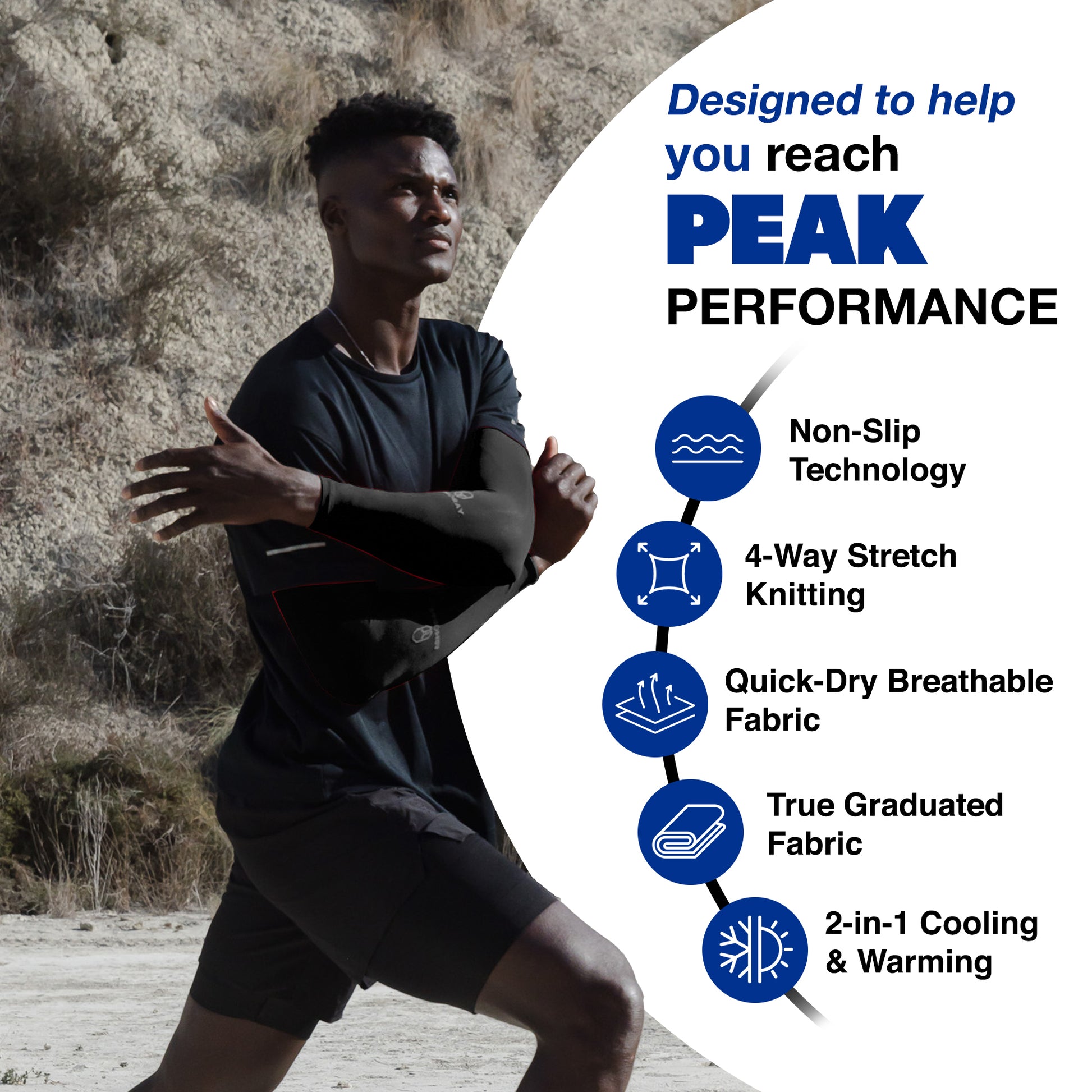 A man stretches outdoors in athletic wear and Armoray® Arm Sleeves by ARMORAY Basics; text highlights cooling, sun protection, non-slip tech, stretch, quick-dry, breathable fabric, plus cooling and warming options.