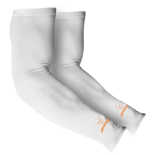A pair of white Armoray® Arm Sleeves by ARMORAY Basics, featuring orange logos near the wrist—side by side on a white background—for cooling comfort and sun protection.