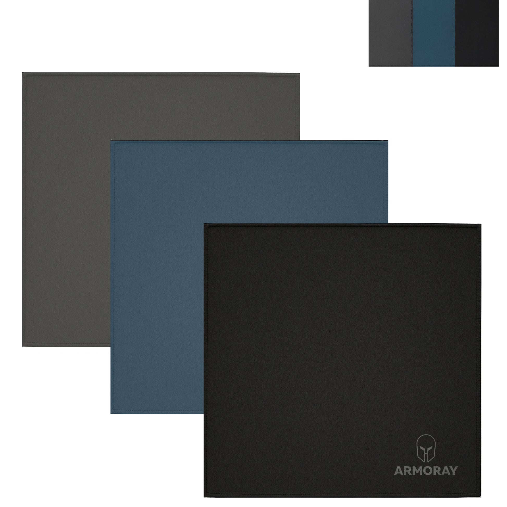 Three ARMORAY FREE Sweat Handkerchiefs in black, blue, and gray are stacked with a small logo on the black one. An inset displays matching fabric swatches.