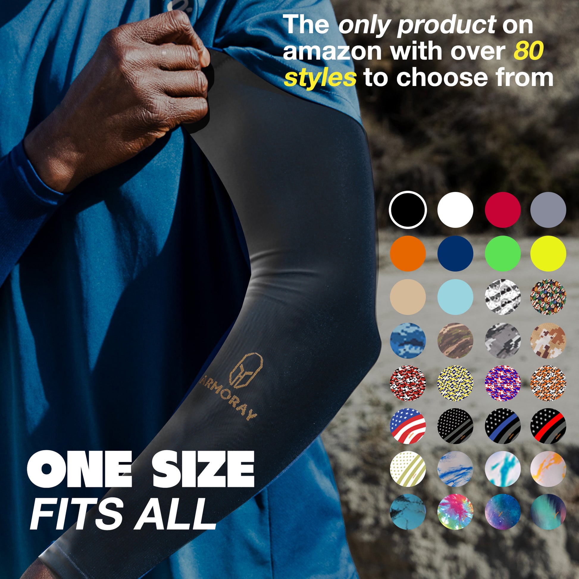 Someone wears a black Armoray® Arm Sleeve from ARMORAY Basics. Over 80 styles and 30+ color options are shown. "One size fits all" is noted. Enjoy cooling comfort and sun protection with every design, available on Amazon.