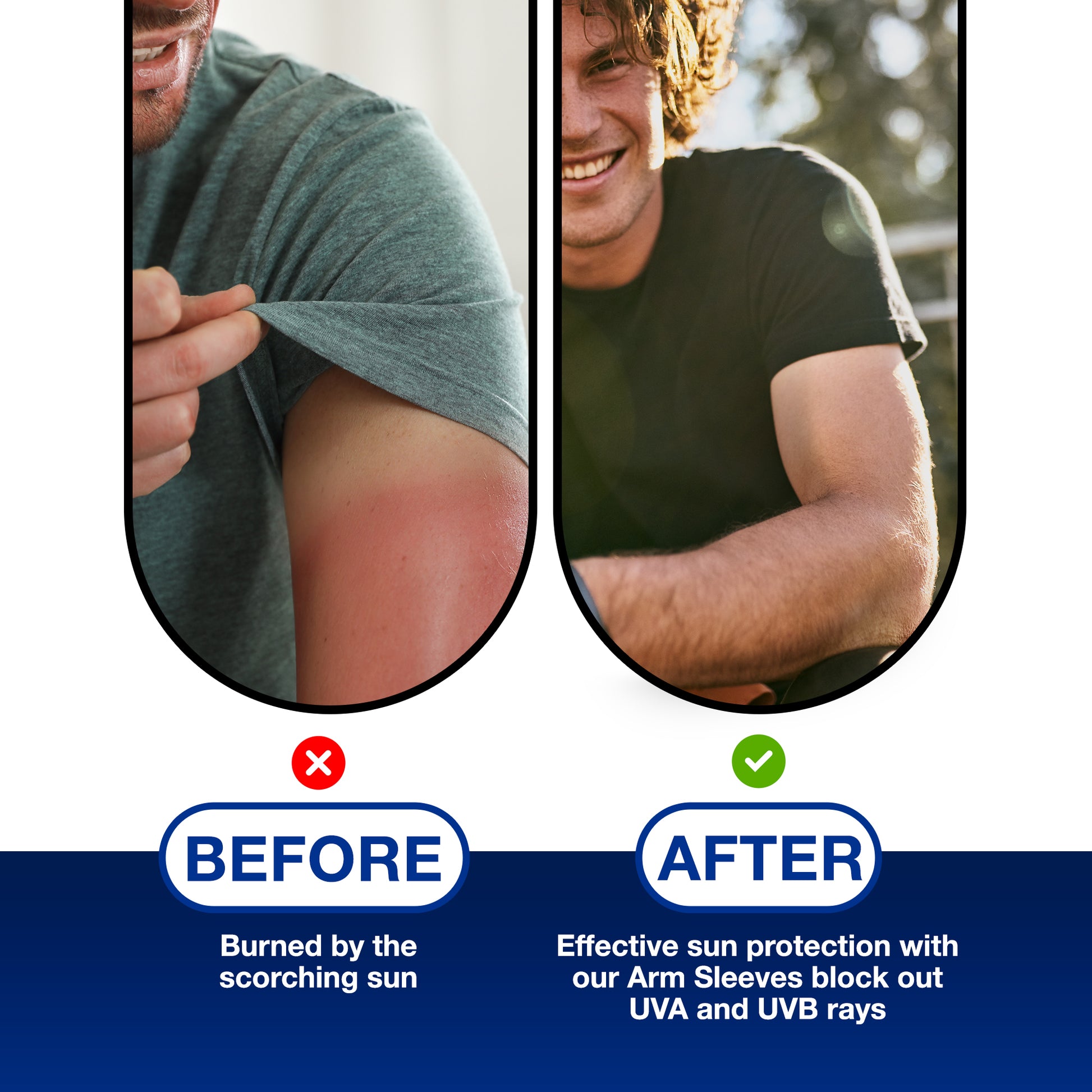 Split image of a sunburned arm labeled "Before" and protected skin labeled "After" while wearing black Armoray® Arm Sleeves by ARMORAY Basics, showcasing their cooling effect and superior sun protection.
