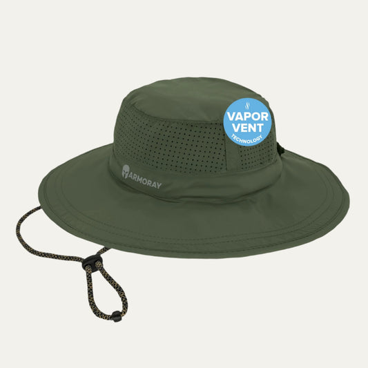 The ARMORAY Armoray® Boonie Hat in olive green features a wide brim, chin strap, ventilation holes, and a blue "Vapor Vent Technology" sticker—perfect sun protection for outdoor adventures.