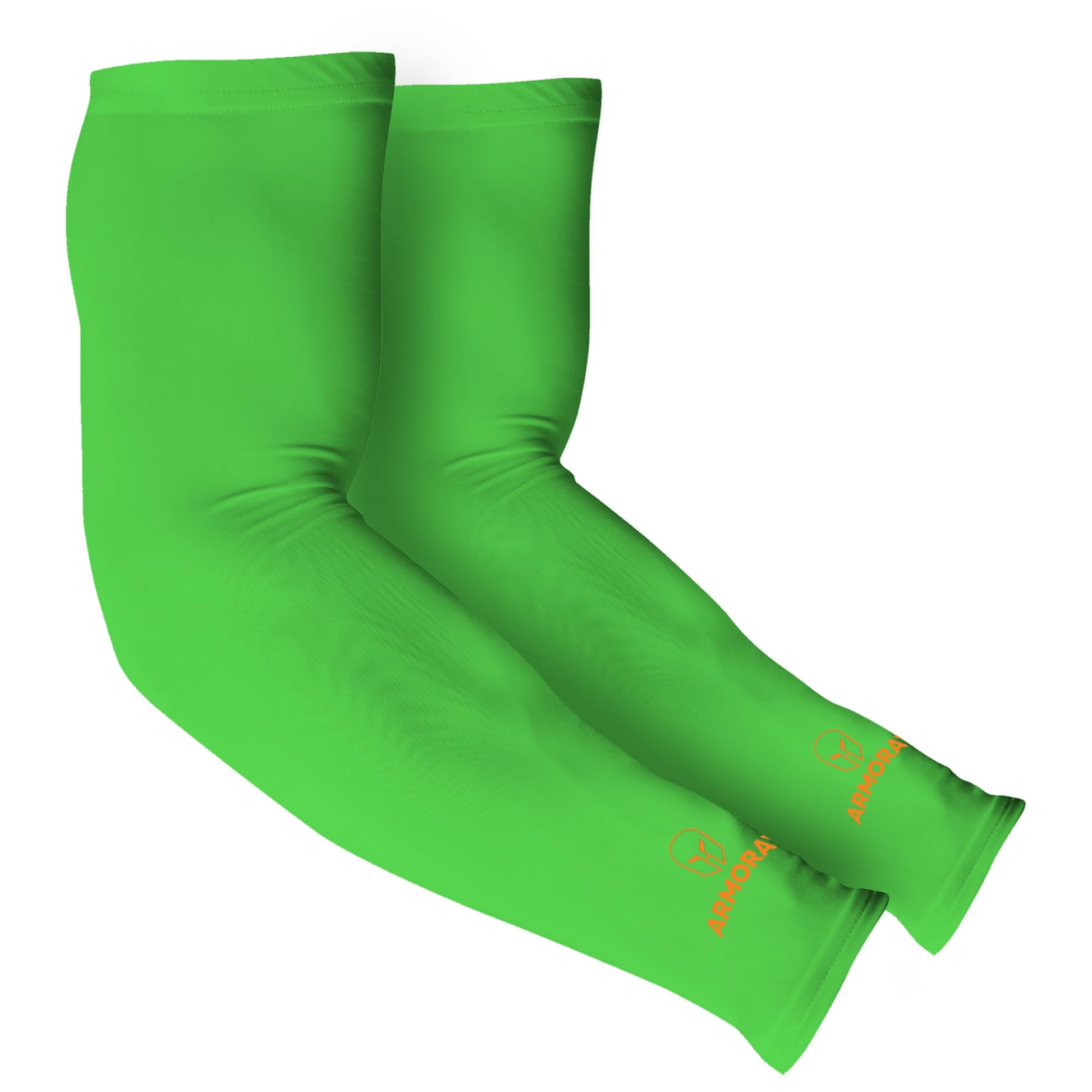 Armoray® Arm Sleeves by ARMORAY Basics in bright green feature "ARMORAY" and a logo in orange near the wrist, offering stylish sun protection for your arms.