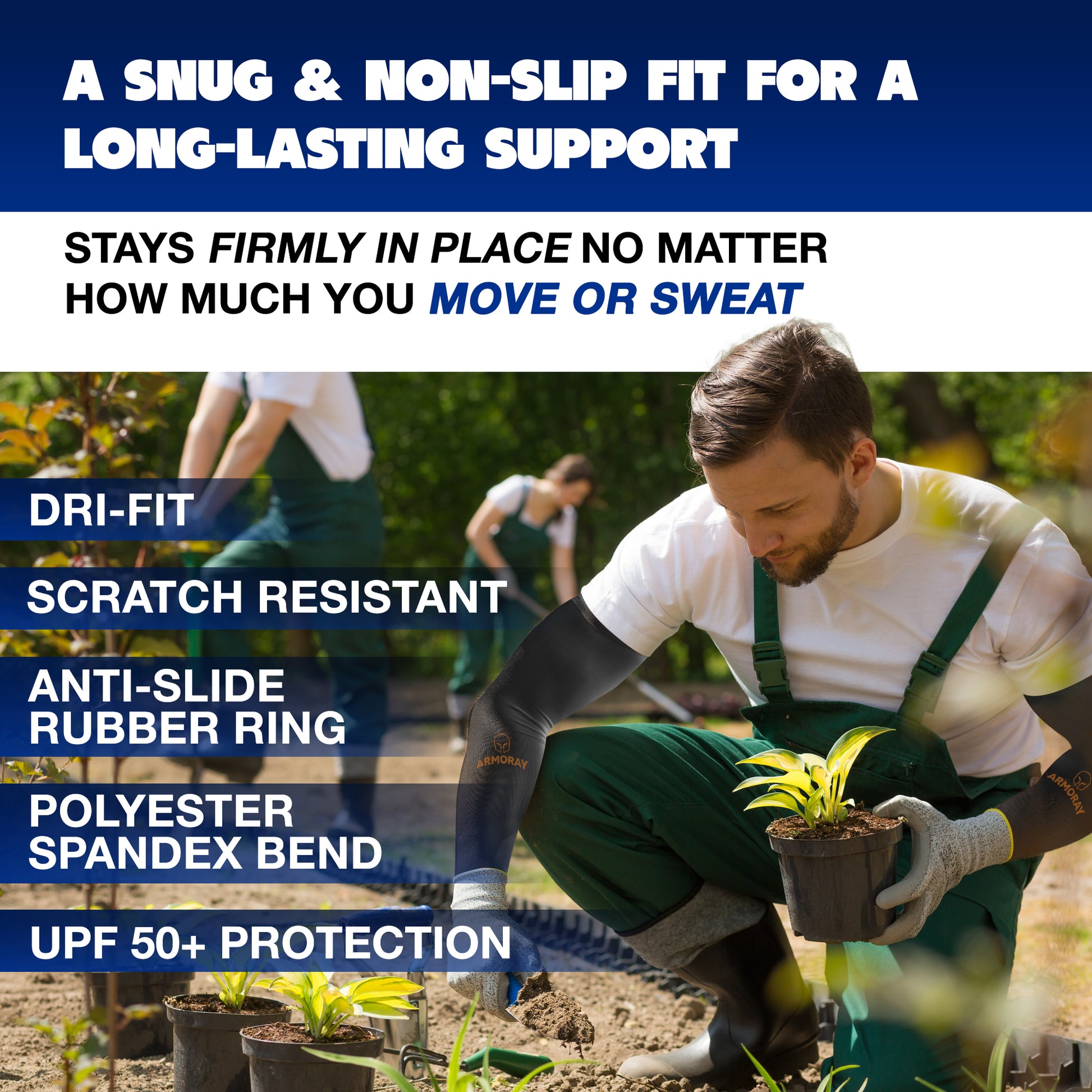 A man in gardening attire kneels outdoors, wearing ARMORAY Basics Armoray® Arm Sleeves for sun protection; product features and benefits appear on the image’s left side.