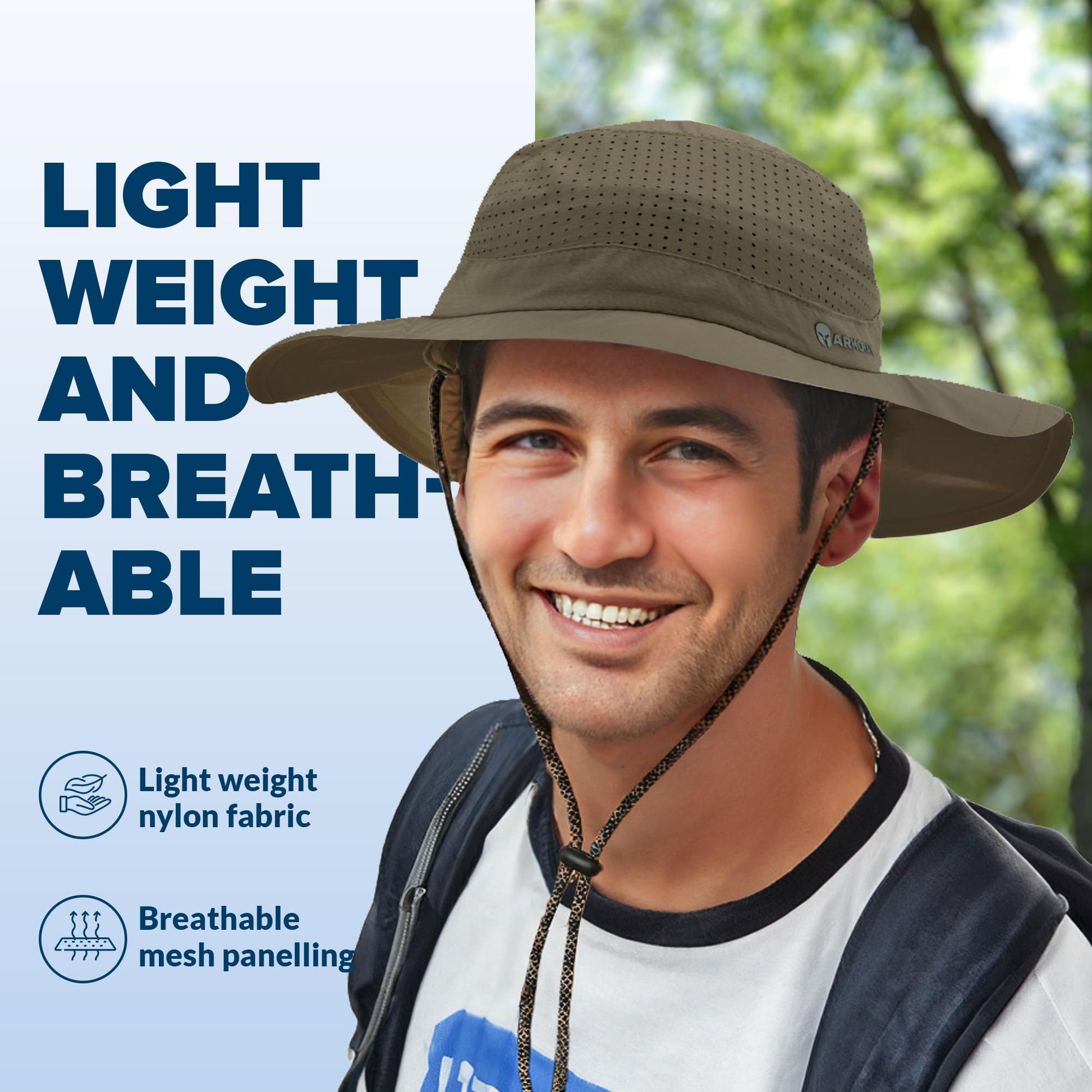 A man outdoors wears the Armoray® Boonie Hat by ARMORAY, featuring chin straps. Text reads, "LIGHTWEIGHT AND BREATHABLE," highlighting sun protection and comfort with nylon fabric and mesh panel icons. Built for sun, sweat & adventure.