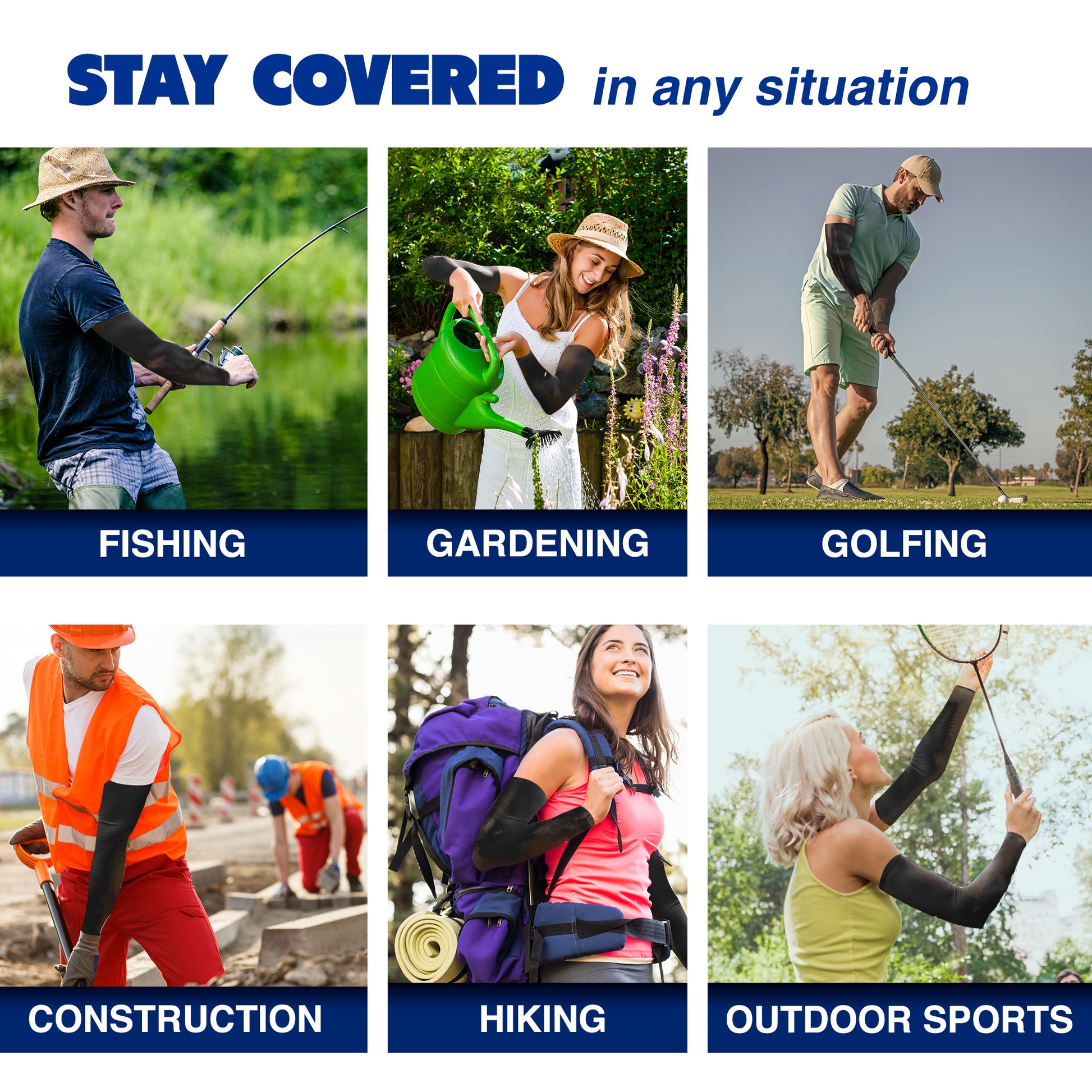 Six people—fishing, gardening, golfing, at construction work, hiking, and playing outdoor sports—wear black Armoray® Arm Sleeves from ARMORAY Basics for sun protection and cool comfort in various outdoor activities.