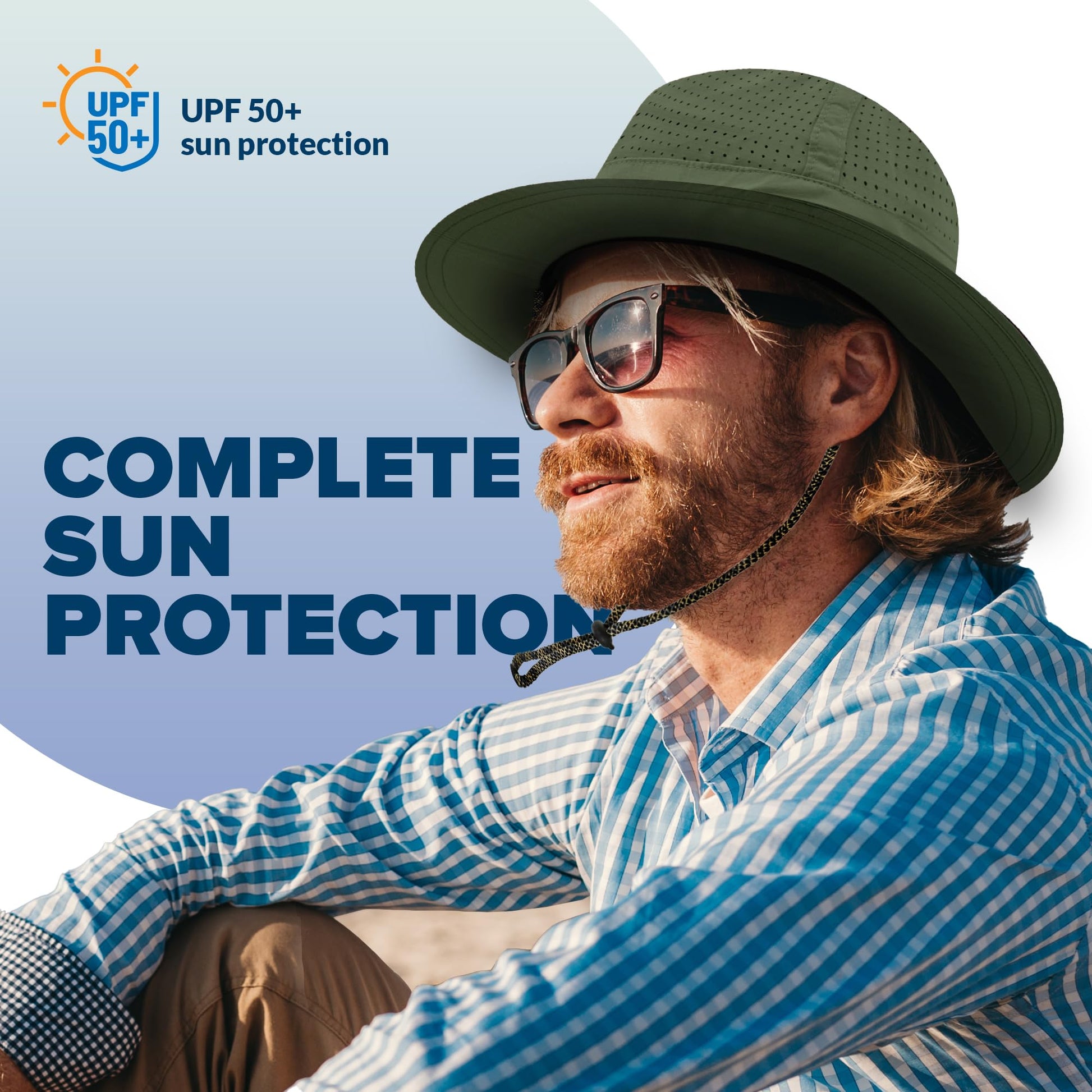 Wearing the Armoray® Boonie Hat by ARMORAY, someone relaxes outdoors in sunglasses and a striped shirt. The image displays "Complete Sun Protection" and a UPF 50+ label, emphasizing breathable comfort for sun, sweat & adventure.