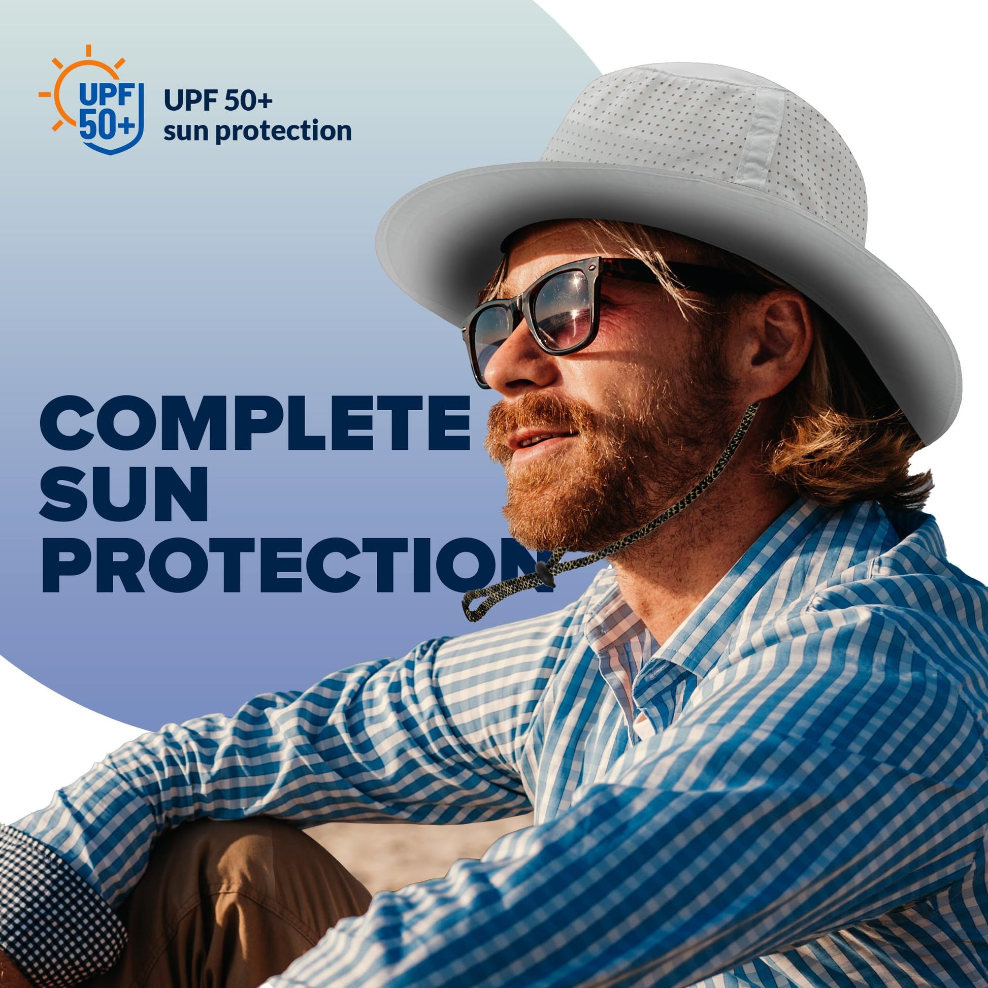 A man in an ARMORAY Armoray® Boonie Hat, sunglasses, and striped shirt sits outdoors. Text reads "UPF 50+ sun protection," showcasing the hat's total sun protection, breathability, and comfort for any adventure.