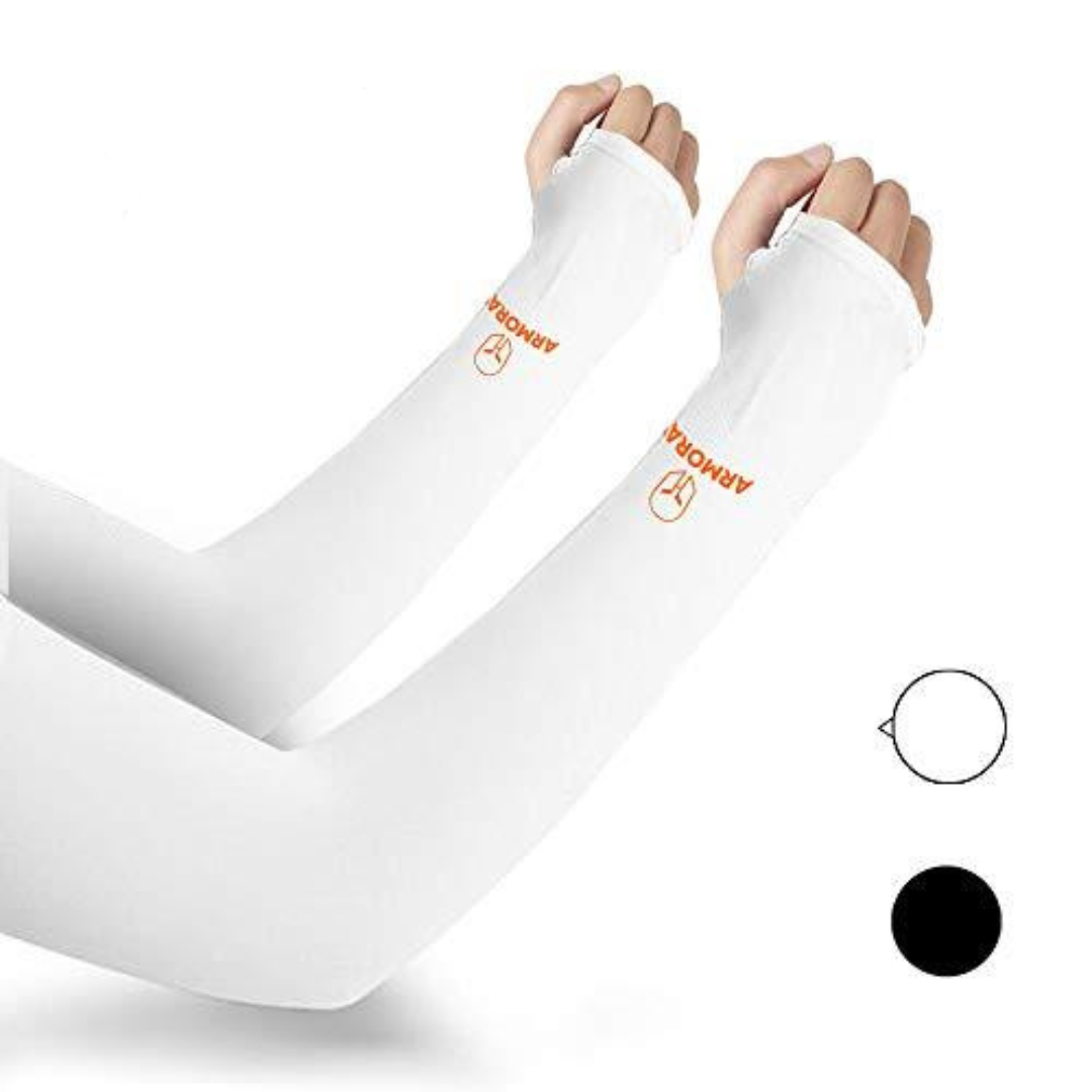 Two arms sport Armoray® Thumbhole Arm Sleeves by ARMORAY Basics in white, featuring orange "ARMORAY" text for sun protection and extended hand coverage; available in black and white.