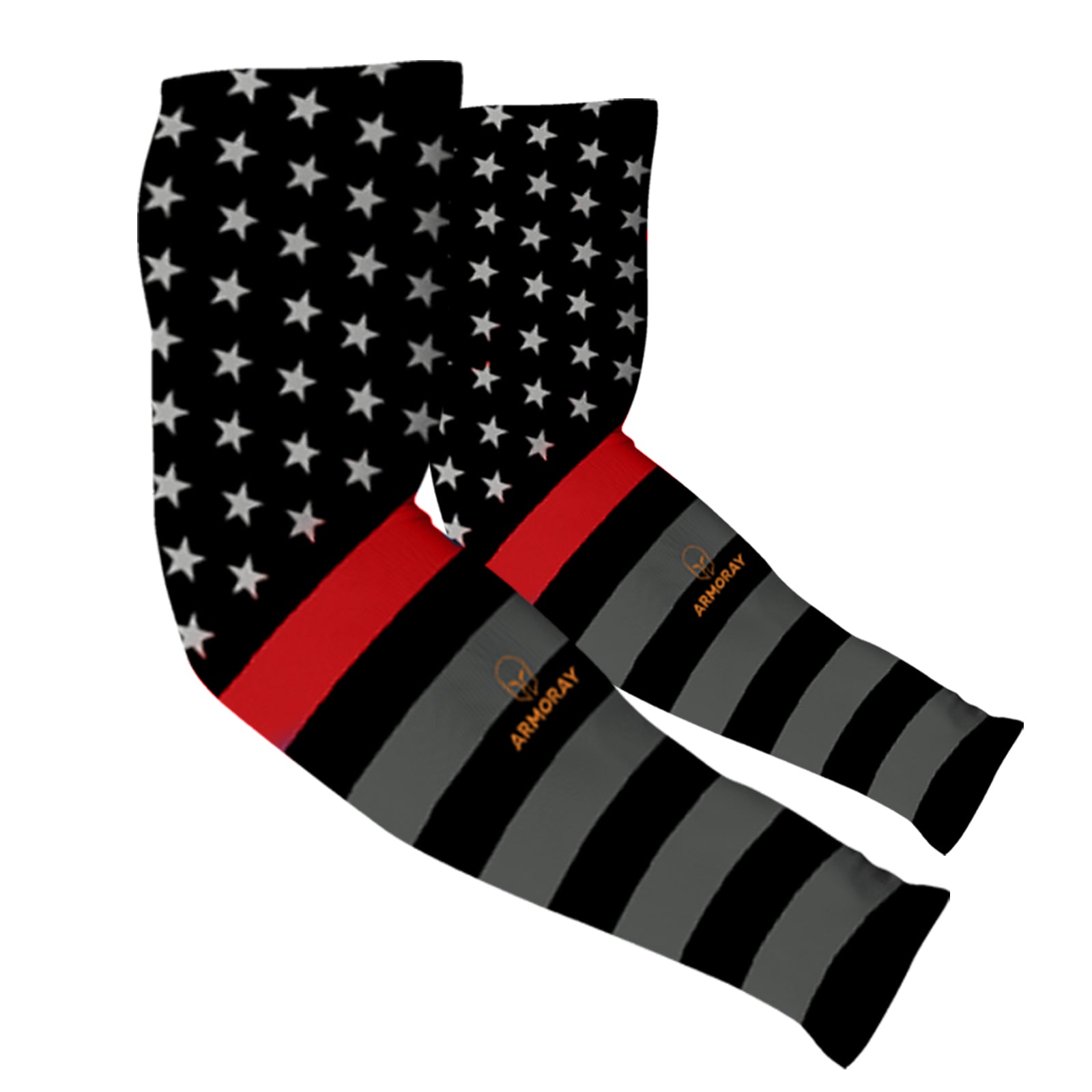ARMORAY Basics Armoray® Designer Arm Sleeves offer bold black and gray style with white stars, gray and red stripes, a gold "AMORAY" logo, and UPF 50+ protection—crafted for fashion and sun safety.