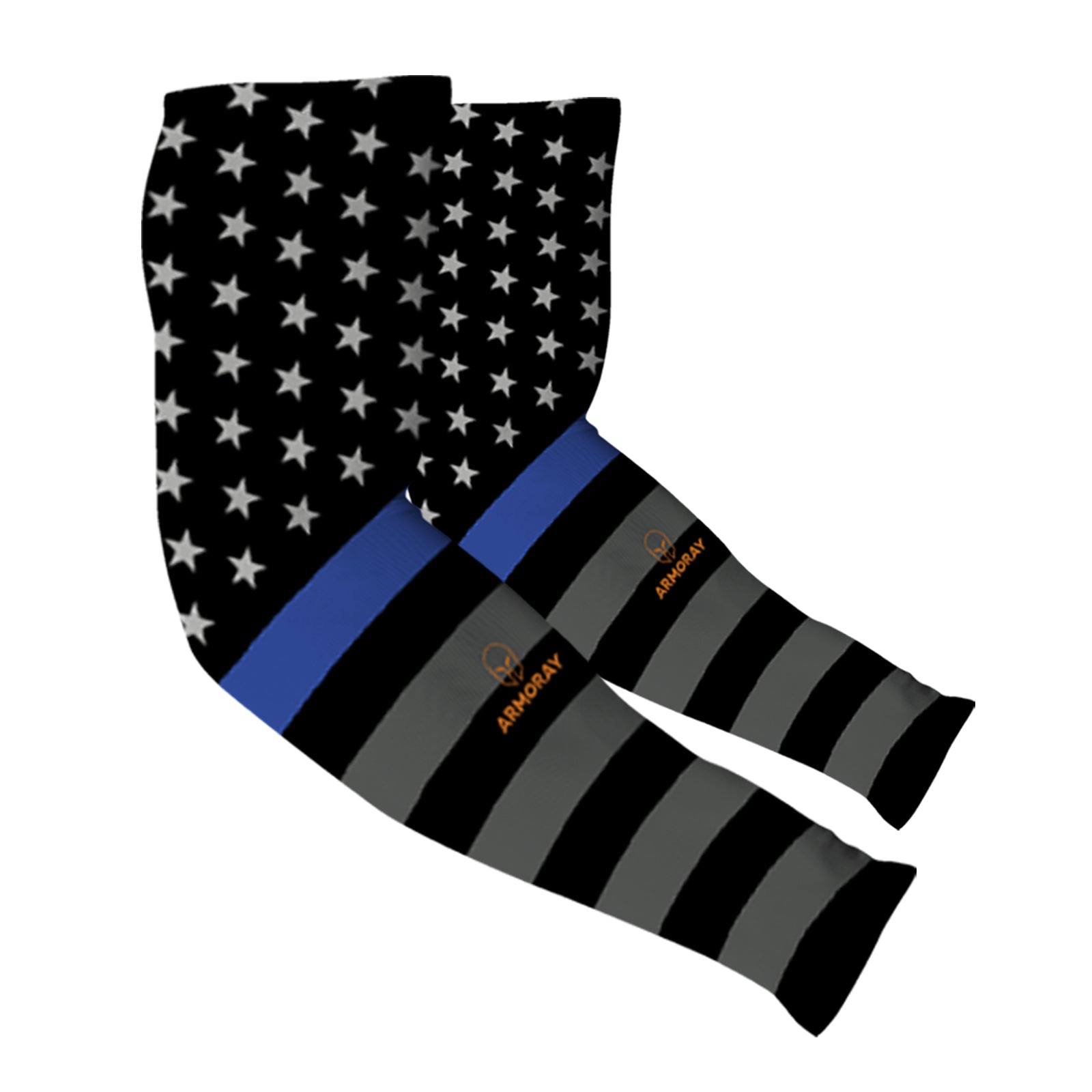 ARMORAY Basics Armoray® Designer Arm Sleeves—one of 35+ bold looks—feature a black and white American flag with a blue stripe, "ARMORY" in orange, and UPF 50+ sun protection.
