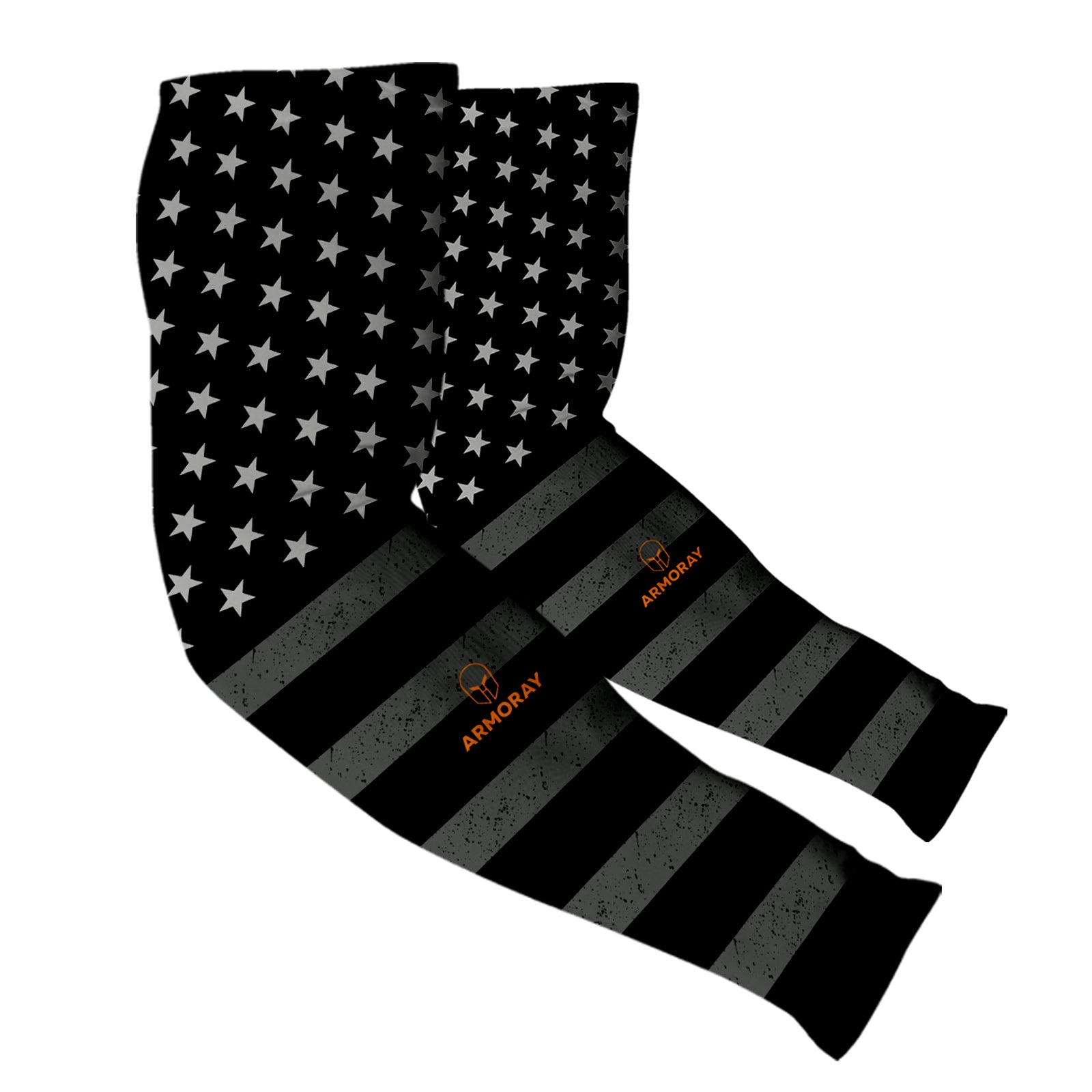 Armoray® Designer Arm Sleeves by ARMORAY Basics in black and gray with a stars and stripes pattern, orange logo, "ARMORAY" text on the lower part, and UPF 50+ sun protection.