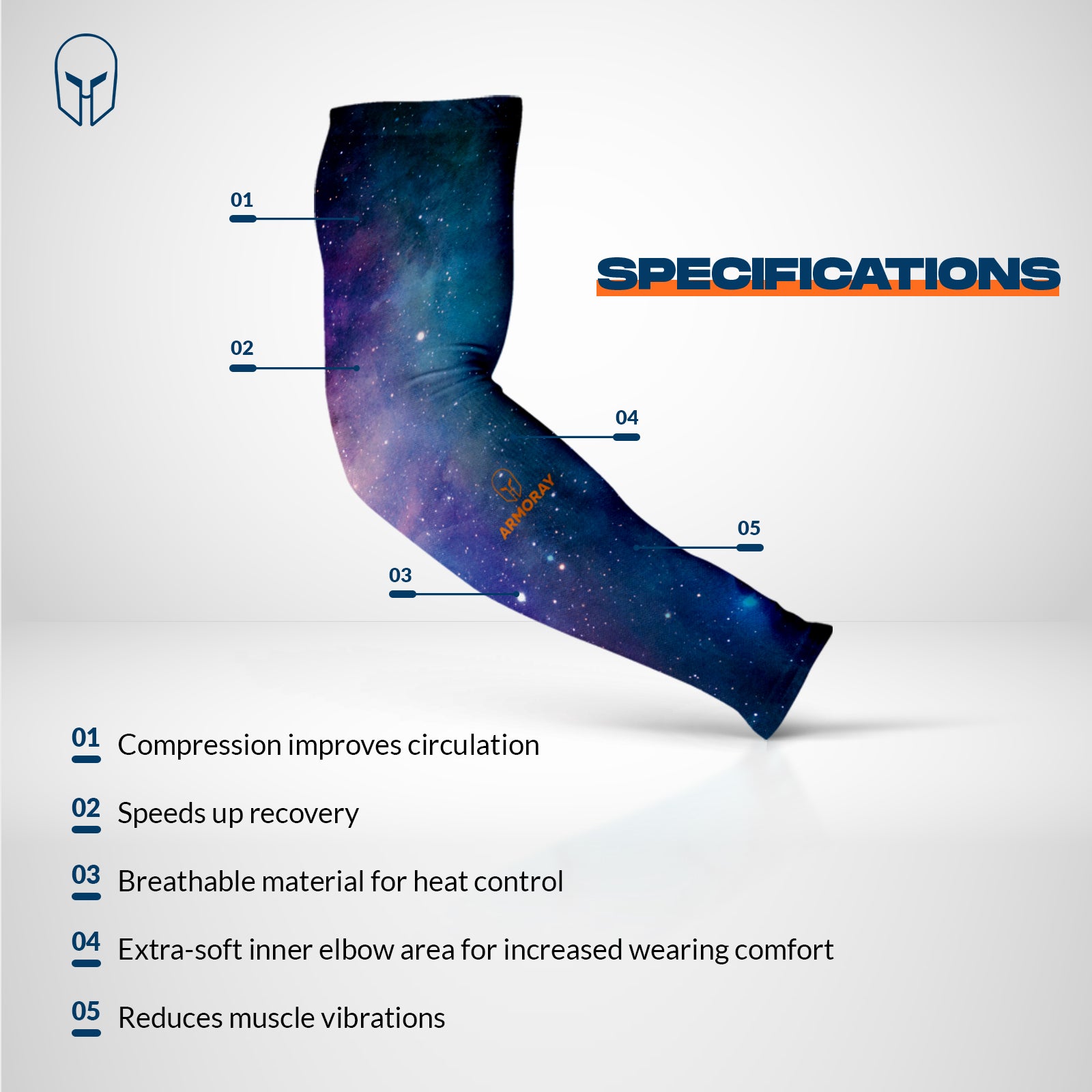 The Armoray® Designer Arm Sleeves by ARMORAY Basics offer 35+ bold looks, galaxy patterns, UPF 50+ protection, circulation support, quicker recovery, breathable comfort, extra-soft elbows, and reduced muscle vibrations.