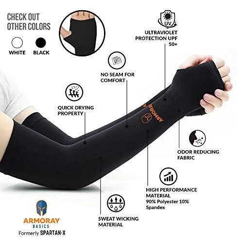 The Armoray® Thumbhole Arm Sleeves by ARMORAY Basics are shown in black, featuring sun and UV protection, extended hand coverage, quick drying, odor control, moisture wicking, and high performance material for total protection.