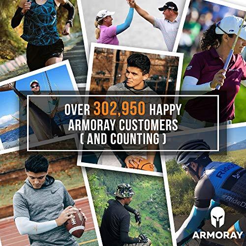 Collage of people wearing Armoray® Thumbhole Arm Sleeves by ARMORAY Basics during outdoor activities, highlighting sun protection and full hand coverage. Text notes 302,950+ happy customers, with the ARMORAY logo at the lower right.