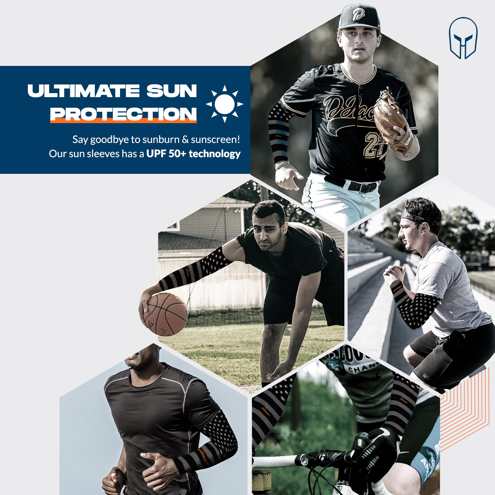 Athletes from various sports wear Armoray® Designer Arm Sleeves by ARMORAY Basics—available in 35+ bold styles—with UPF 50+ sun protection technology.