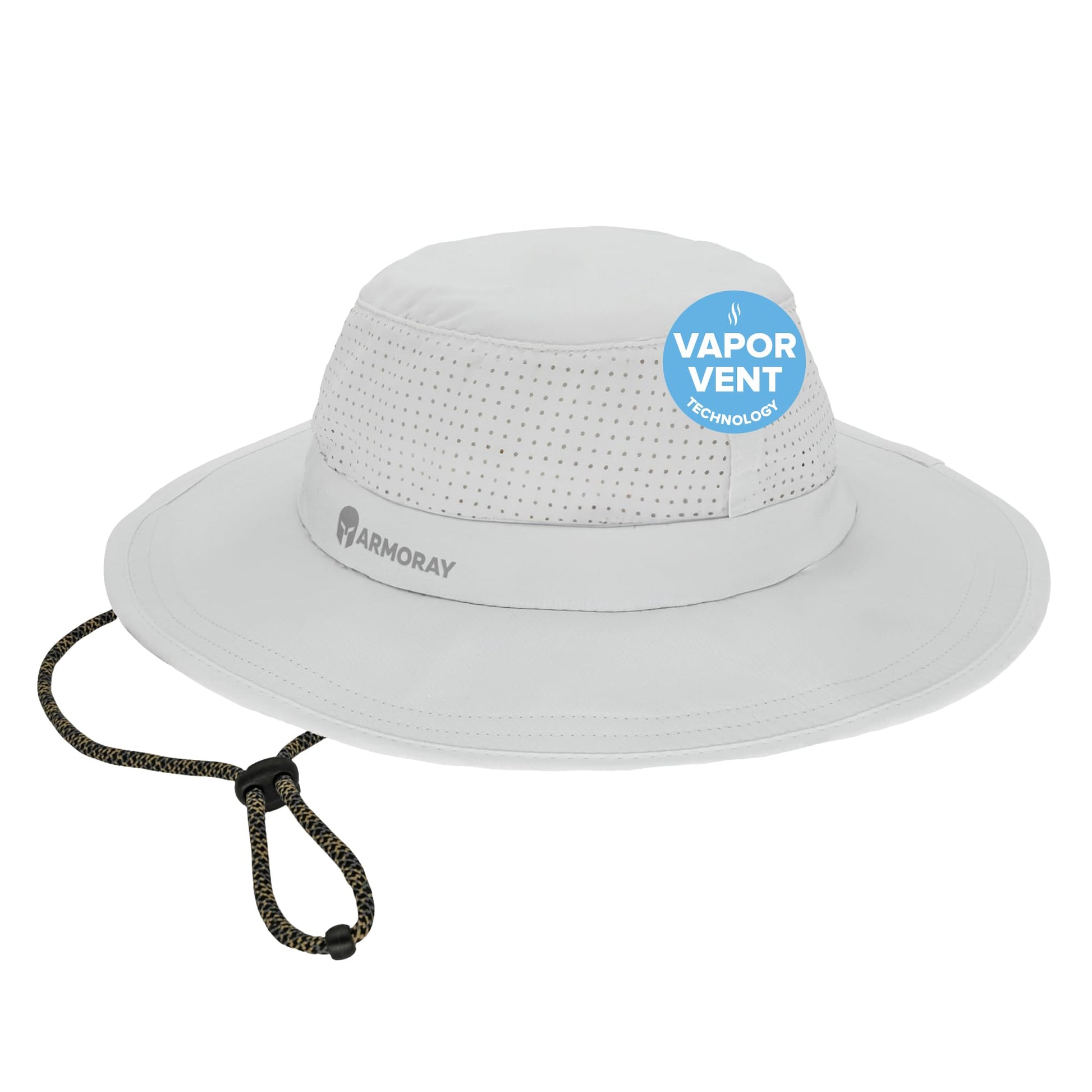 The Armoray® Boonie Hat by ARMORAY features a wide brim, ventilation holes, neck strap, and "Vapor Vent Technology" on the crown for breathable comfort and superior sun protection—perfect for sun, sweat, and adventure.