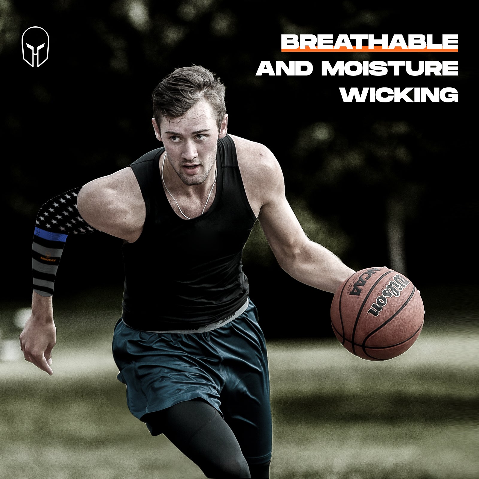 A man in athletic wear dribbles a basketball outdoors, sporting ARMORAY Basics’ Armoray® Designer Arm Sleeves—35+ bold looks with UPF 50+ sun protection. Text reads, “Breathable and Moisture Wicking.”.
