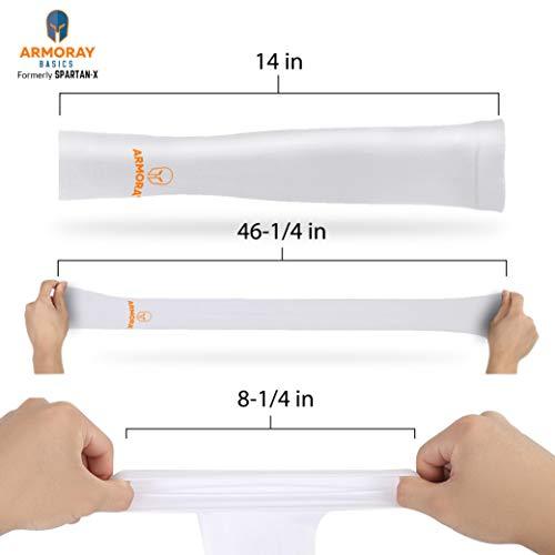 ARMORAY Basics Armoray® Thumbhole Arm Sleeves—white fabric tubes with logo shown unstretched (14"), fully stretched (46¼"), and partially stretched with hands pulling—designed for total protection, sun defense, and extended hand coverage.