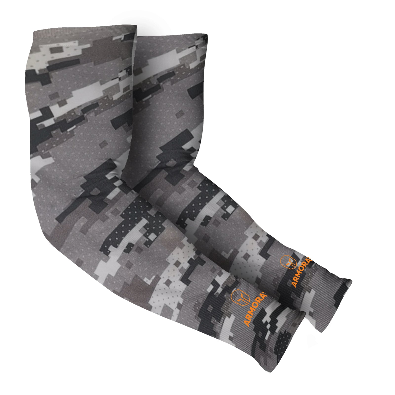 Armoray® Designer Arm Sleeves by ARMORAY Basics feature a digital camouflage pattern, orange "ARMOR" logos at the wrists, and provide UPF 50+ sun protection. Choose from 35+ bold styles.