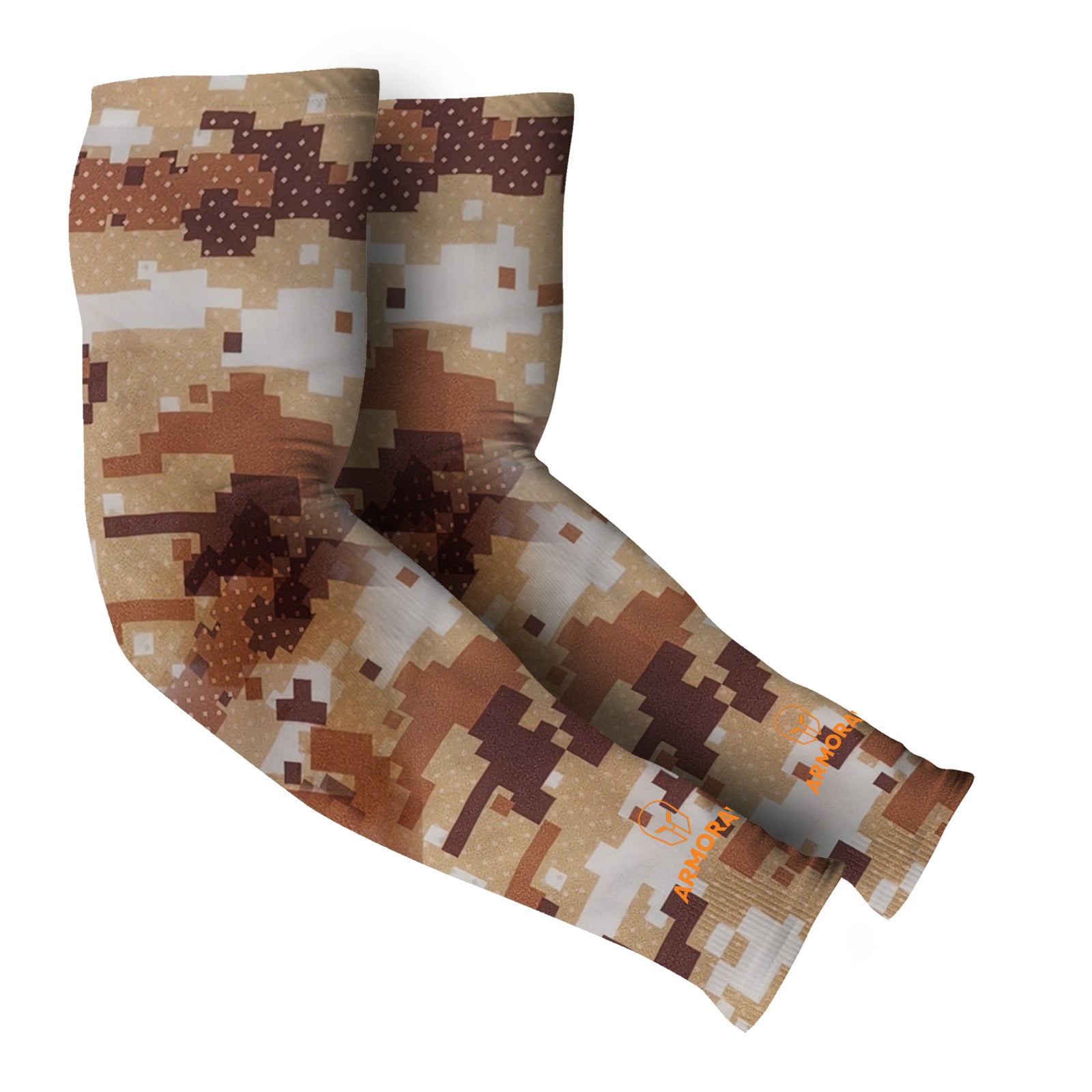 ARMORAY Basics Armoray® Designer Arm Sleeves in digital desert camo with an orange wrist logo, shown on a white background. Features UPF 50+ sun protection—perfect blend of style and safety for outdoor activities.