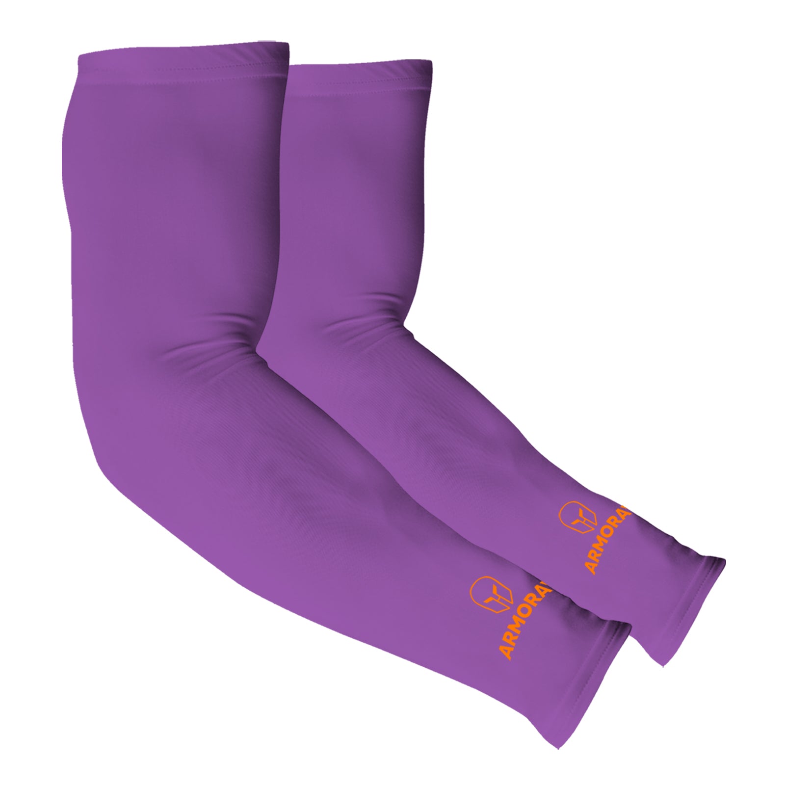Armoray® Arm Sleeves by ARMORAY Basics: purple compression sleeves with orange "ARMORA" logo near the wrist, designed for cooling comfort and sun protection during active use.