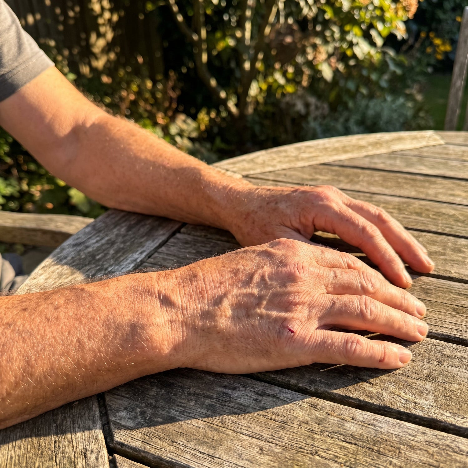Close-up of hands and forearms on a wooden outdoor table in warm afternoon sunlight.