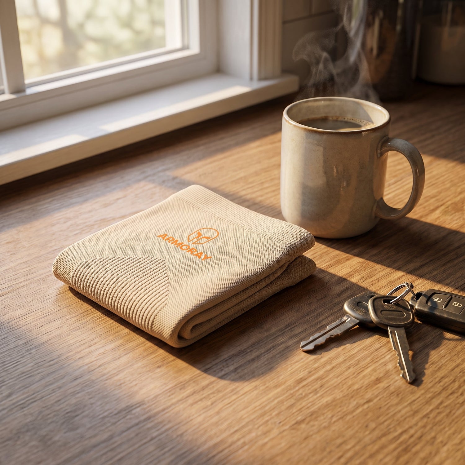 A pair of light-colored Armoray arm sleeves folded on a morning kitchen counter beside coffee and car keys.A pair of light-colored Armoray arm sleeves folded on a morning kitchen counter beside coffee and car keys.
