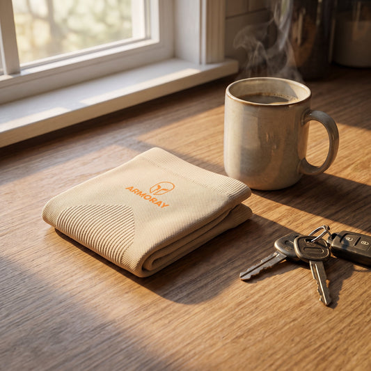 A pair of light-colored Armoray arm sleeves folded on a morning kitchen counter beside coffee and car keys.A pair of light-colored Armoray arm sleeves folded on a morning kitchen counter beside coffee and car keys.