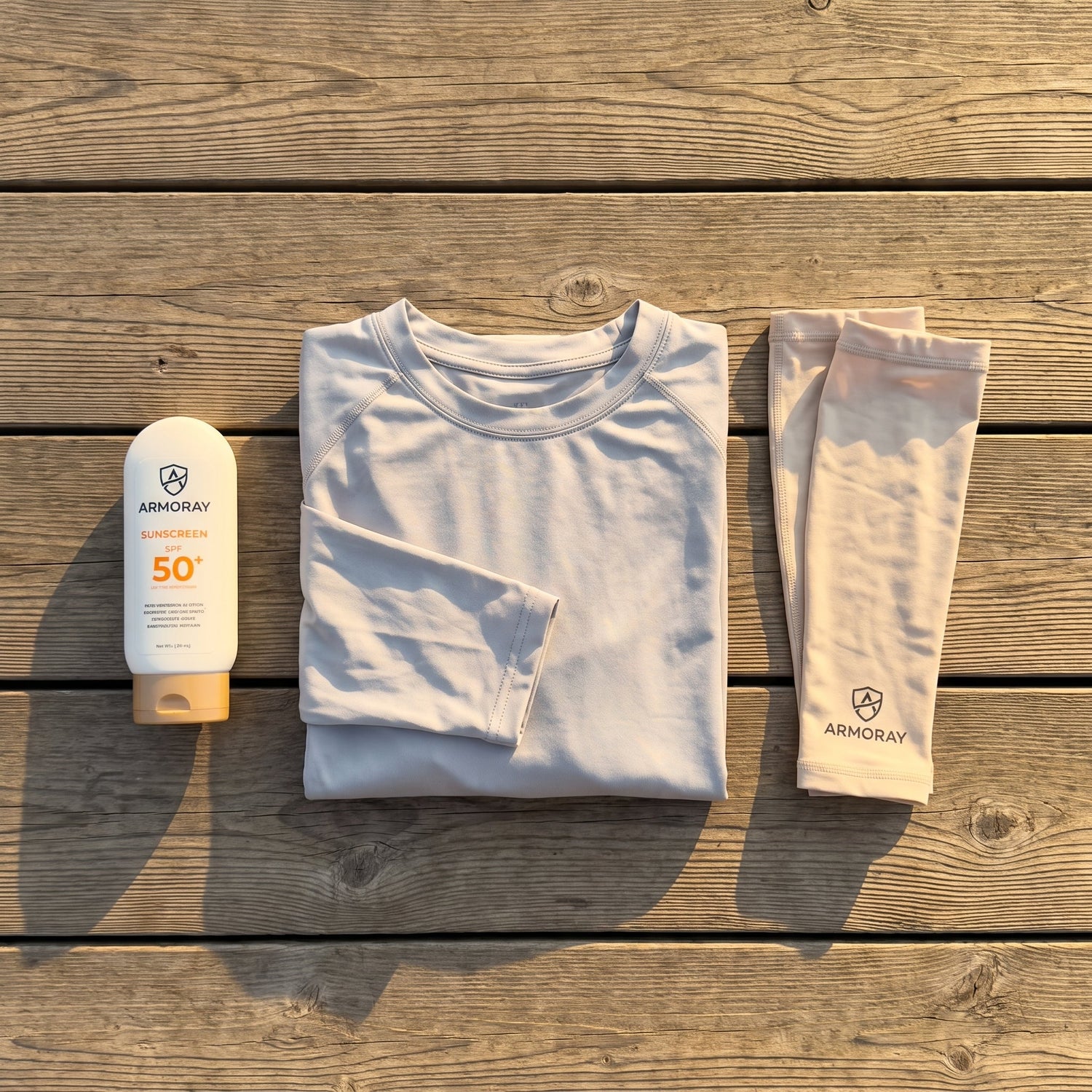 Flat lay of a sunscreen bottle, folded UPF shirt, and arm sleeves on a wooden outdoor deck.