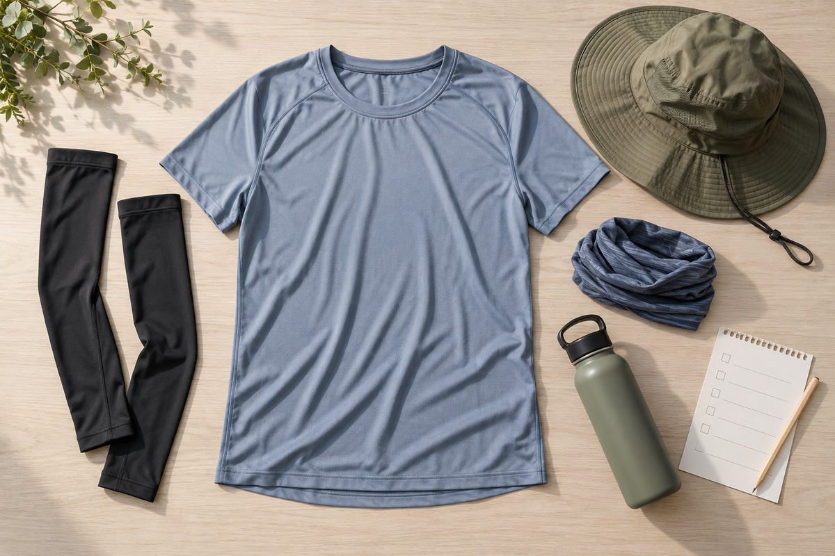 Unbranded lightweight performance shirt, black arm sleeves, olive sun hat, neck gaiter, water bottle, and checklist on pale wood