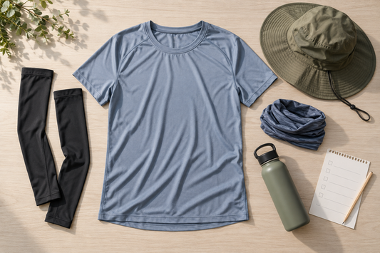 Unbranded lightweight performance shirt, black arm sleeves, olive sun hat, neck gaiter, water bottle, and checklist on pale wood