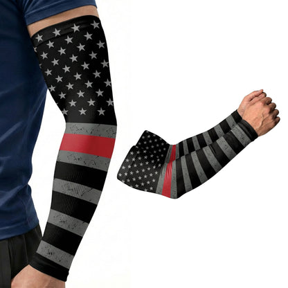 A person wears an ARMORAY Basics Armoray® Designer Arm Sleeve in black and gray with an American flag and red stripe; a second UPF 50+ sun protection sleeve from the 35+ Bold Looks collection is displayed separately on a white background.