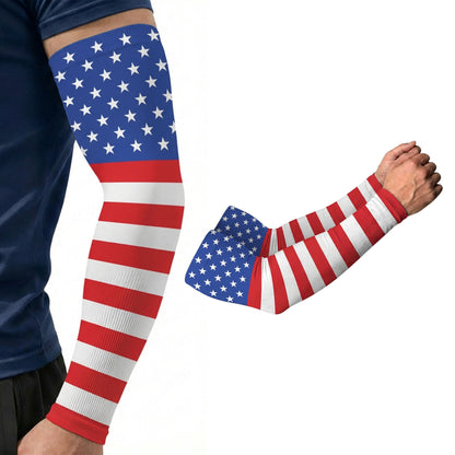 A person wears an Armoray® Designer Arm Sleeve by ARMORAY Basics with an American flag design; a similar UPF 50+ sleeve, offering sun protection, is displayed separately next to the arm.