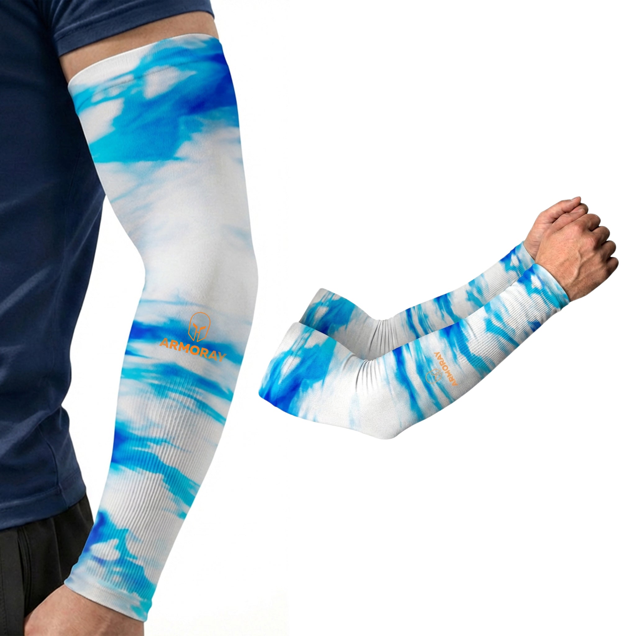 Close-up of a person wearing ARMORAY Basics’ Armoray® Designer Arm Sleeve (UPF 50+, 35+ bold designs), next to an isolated image of the sleeve.