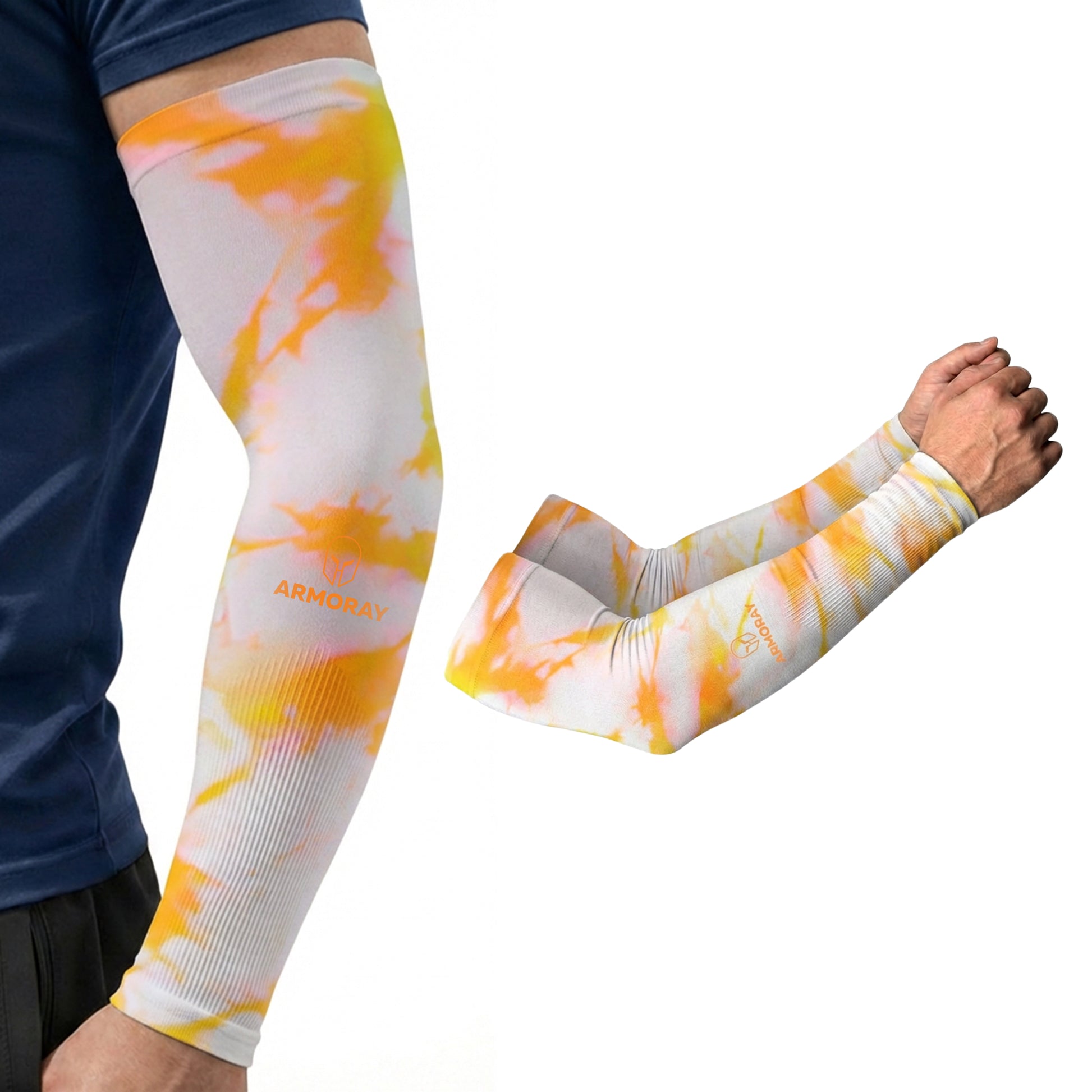 A person wears a yellow and orange Armoray® Designer Arm Sleeve by ARMORAY Basics on their left arm; another image displays a pair of UPF 50+ sleeves crossed against a white background, combining bold style with sun protection.