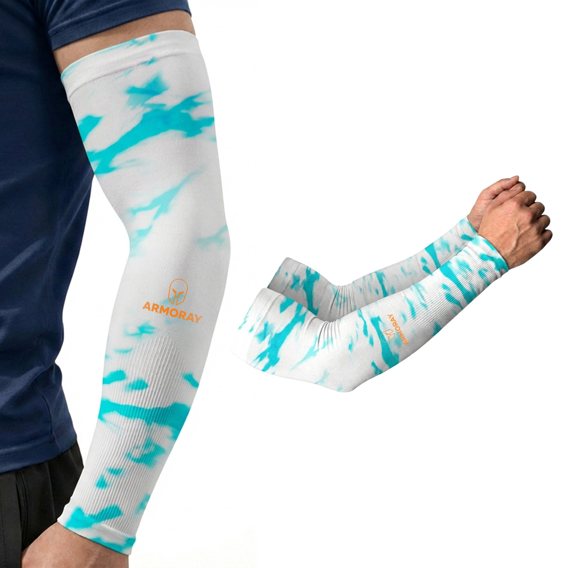 A person wears an Armoray® Designer Arm Sleeve in blue and white camouflage with UPF 50+ sun protection and a yellow logo from ARMORAY Basics; an isolated view of the sleeve appears next to the arm.