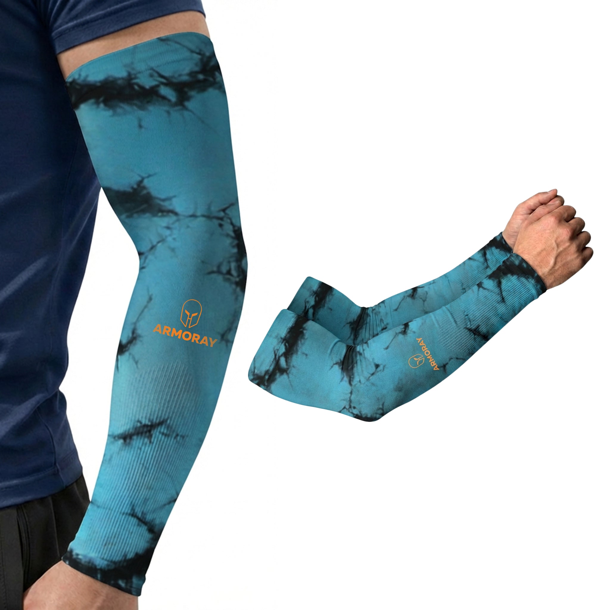 A person sports an ARMORAY Basics blue and black tie-dye Armoray® Designer Arm Sleeve (UPF 50+); two more unique designs from the 35+ bold looks lineup appear on the right against a white background.