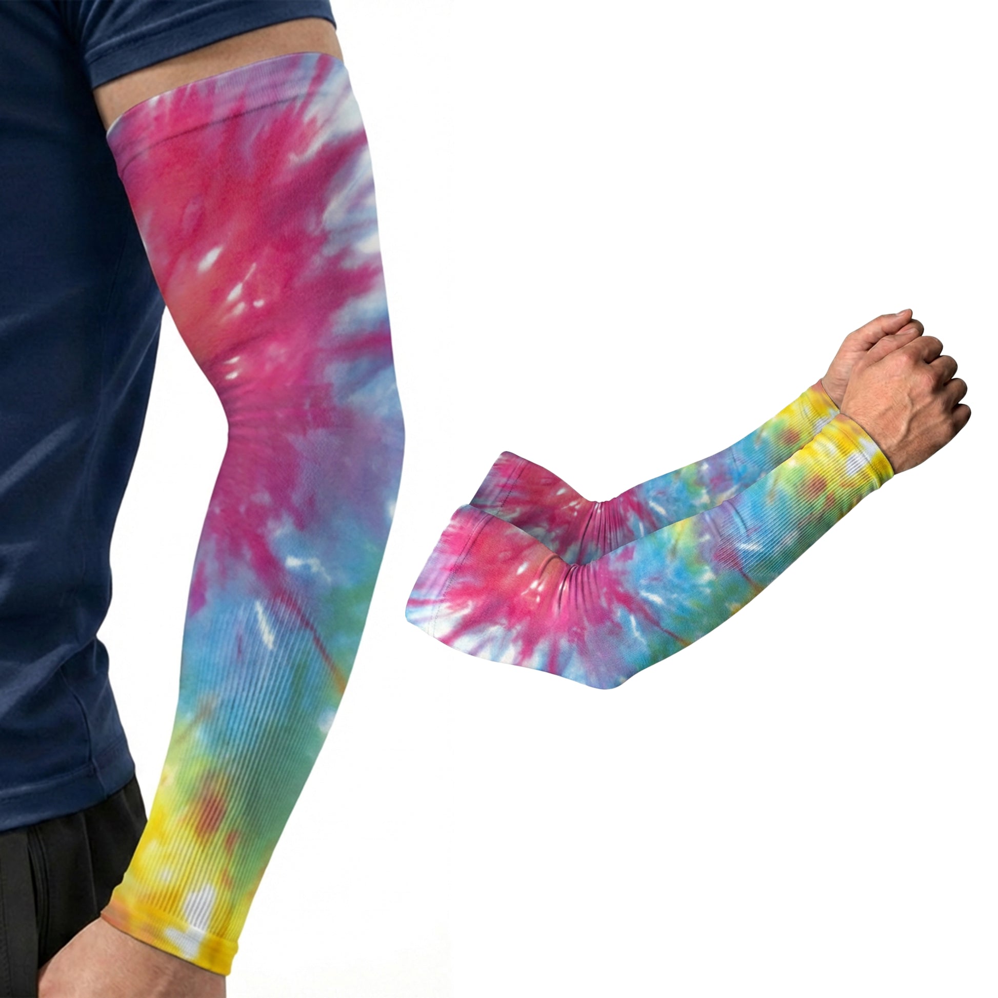 Someone models colorful Armoray® Designer Arm Sleeves by ARMORAY Basics, available in 35+ bold looks; a separate UPF 50+ sleeve for sun protection is also shown against a white background.