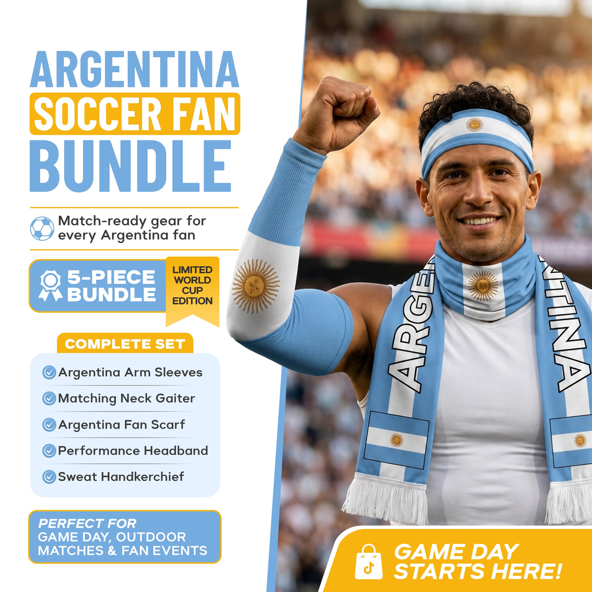 A man in a stadium wears the ARMORAY World Cup VIP Bundle—scarf, arm sleeves, neck gaiter, and headband—showcasing Argentina pride. Grab this 5-piece fan gear set to get match-ready!.