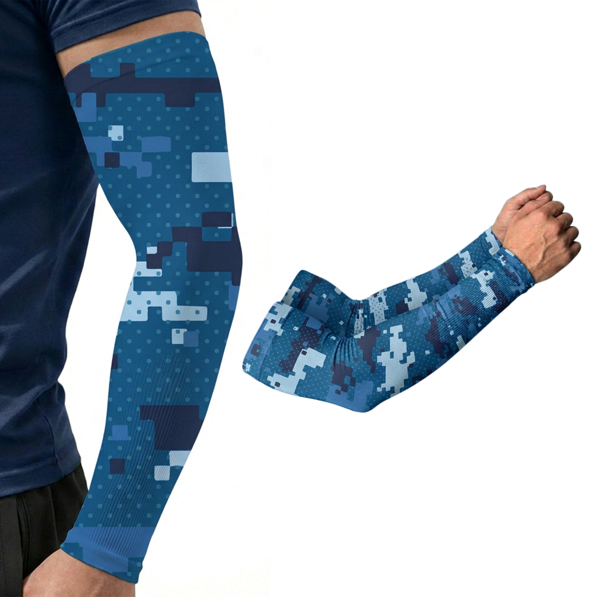 Two ARMORAY Basics Armoray® Designer Arm Sleeves in blue digital camouflage are shown—one worn, one displayed. These compression sleeves offer UPF 50+ sun protection and are available in 35+ bold looks.